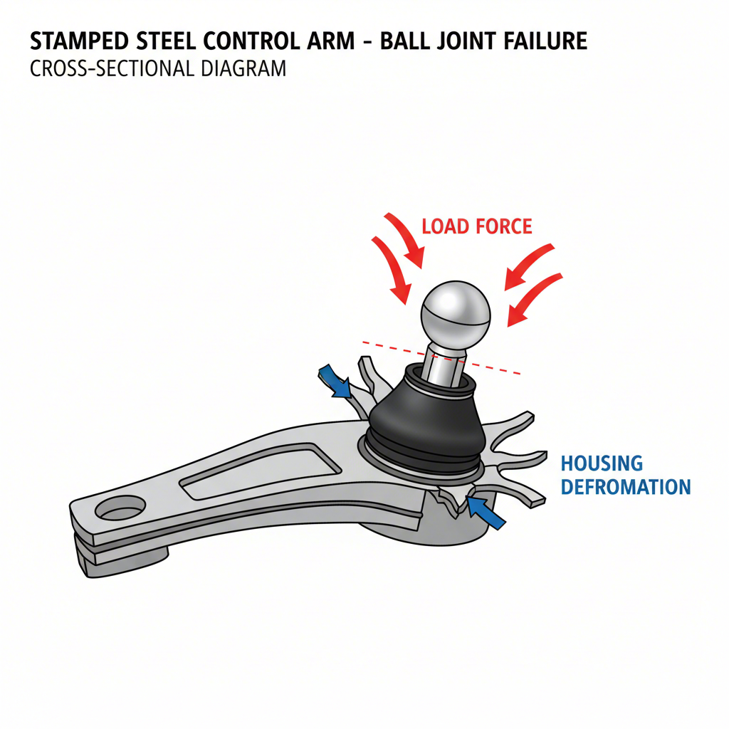 illustration of a potential ball joint failure in a stamped steel control arm