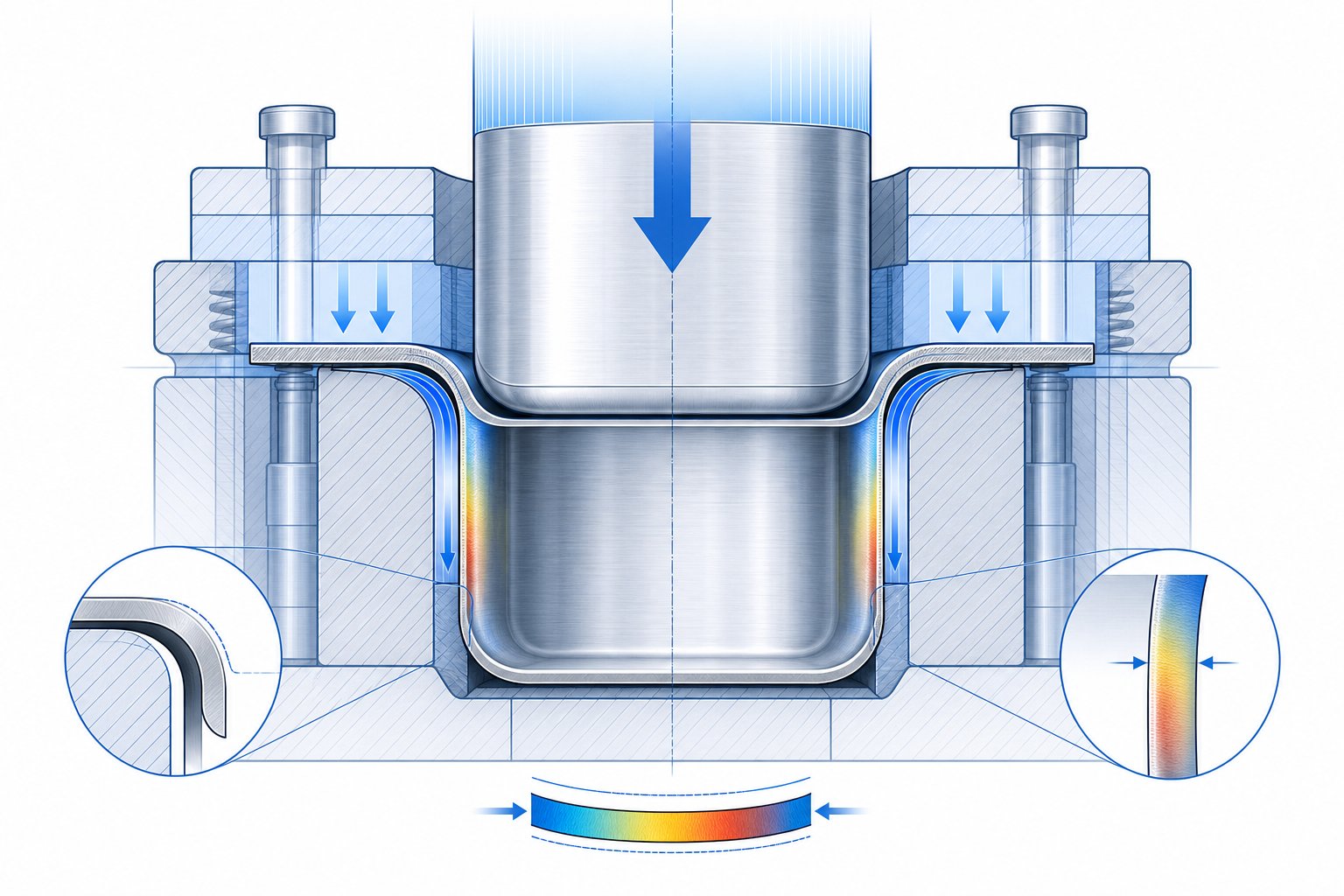 deep draw geometry increases die cost through additional forming stations and heavier construction requirements