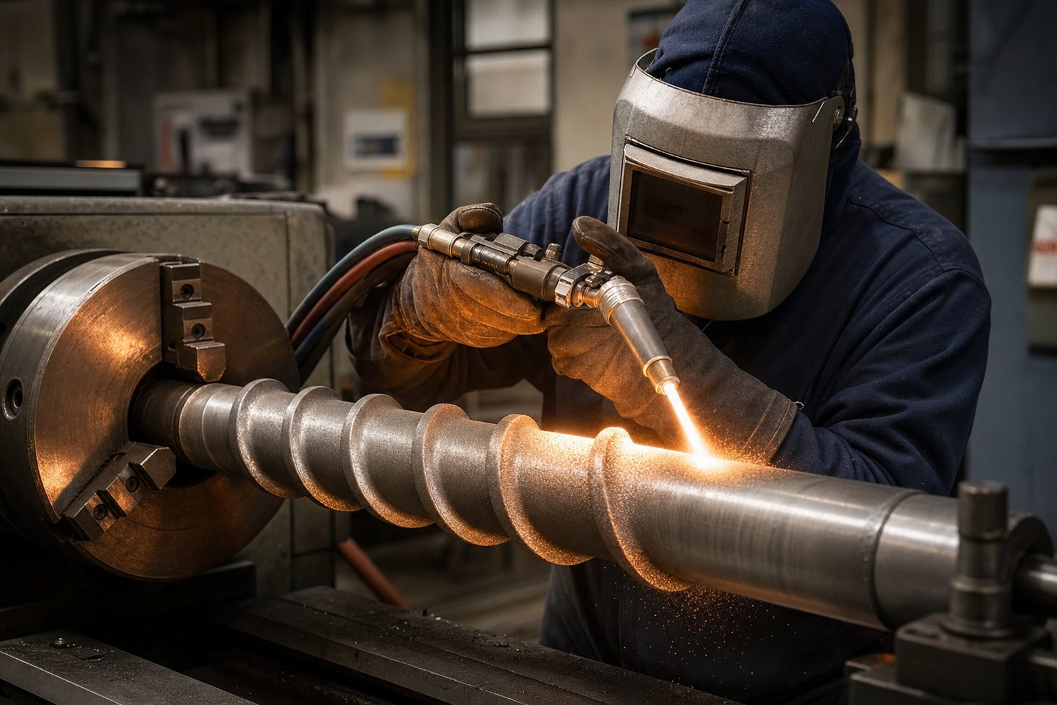 alloy spray welding restores worn screw flight surfaces to original specifications extending component service life