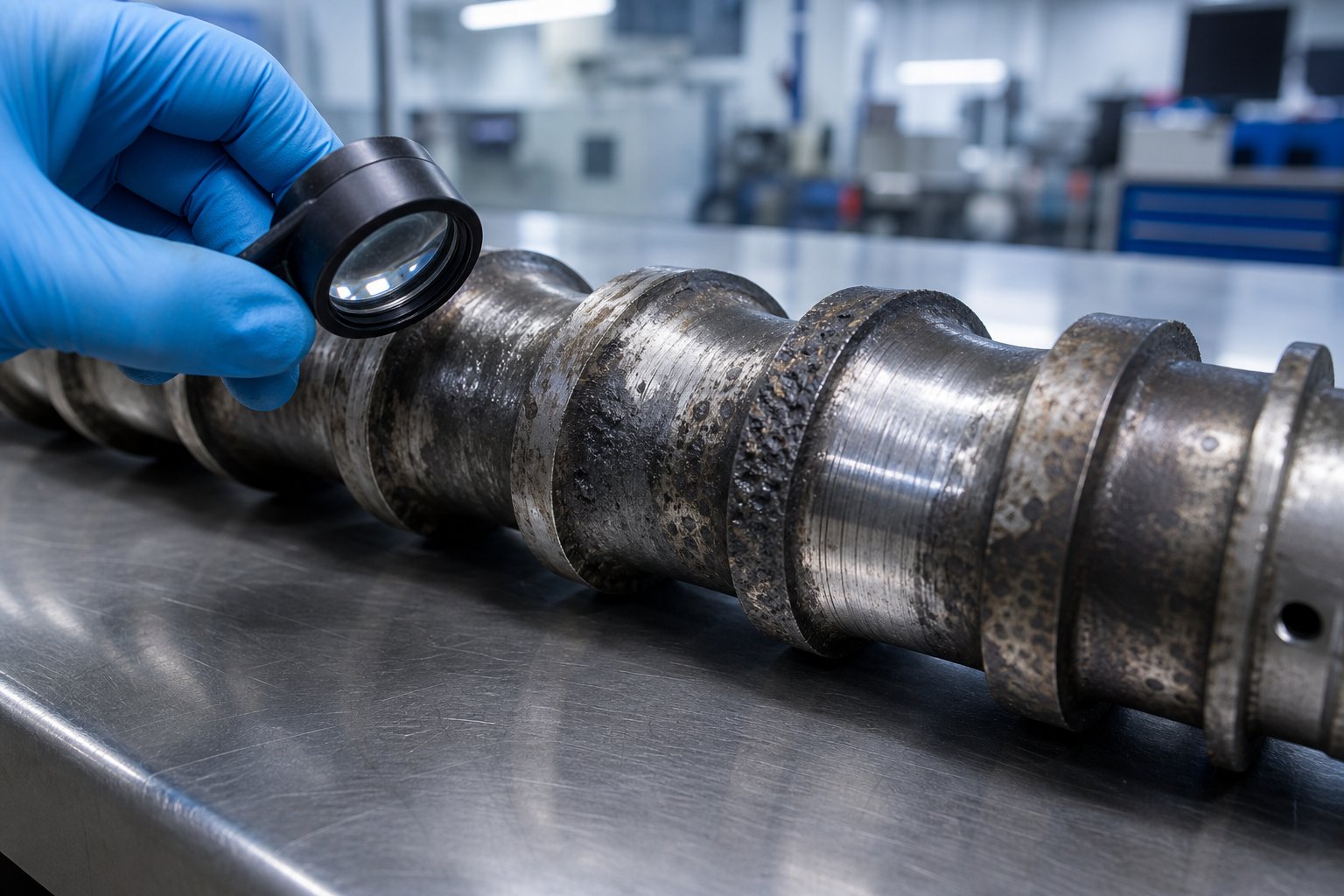 inspecting screw flight surfaces reveals distinct abrasive scoring and corrosive pitting patterns that guide alloy selection