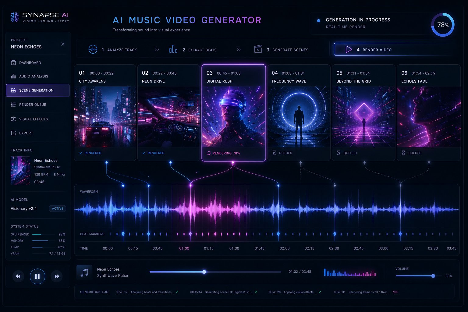 ai video generation interface syncing visual scenes to audio beat markers and song structure