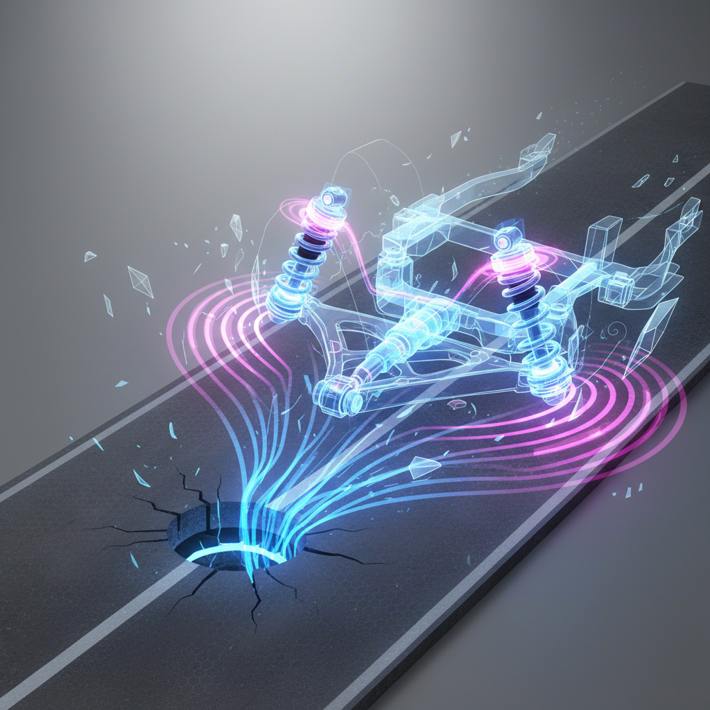 conceptual art showing the immense force of a pothole impact on a cars suspension system