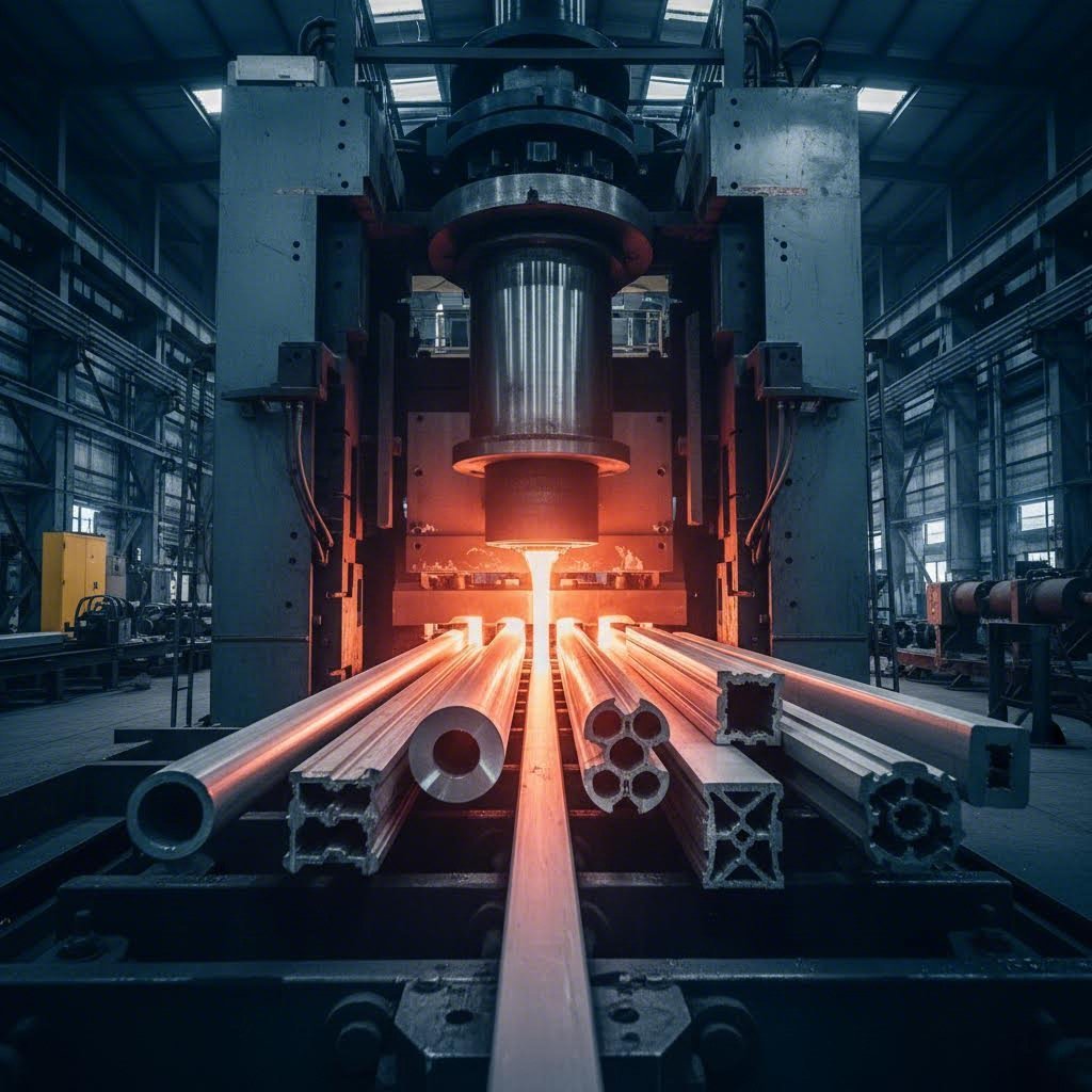 custom aluminum extrusion profiles being manufactured through precision dies in an industrial facility