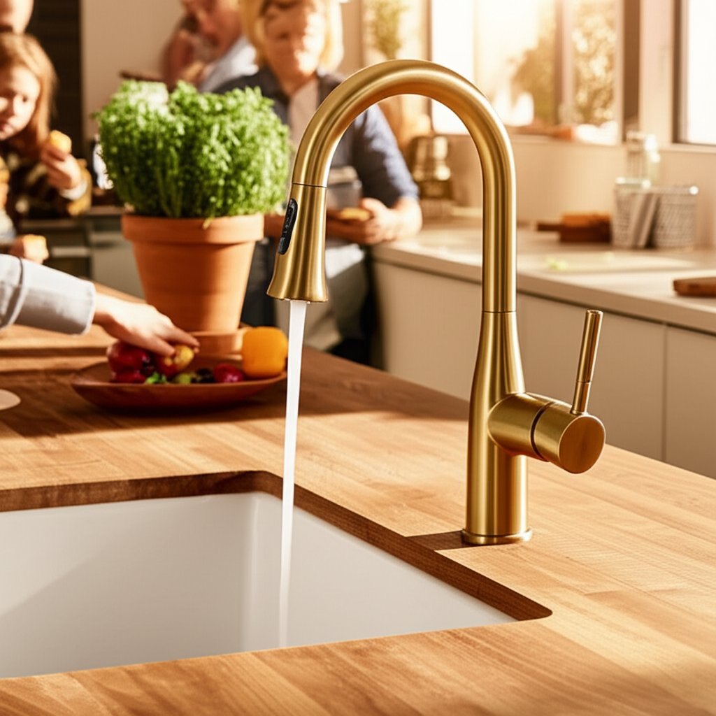 brushed brass pull down faucet in a busy modern kitchen