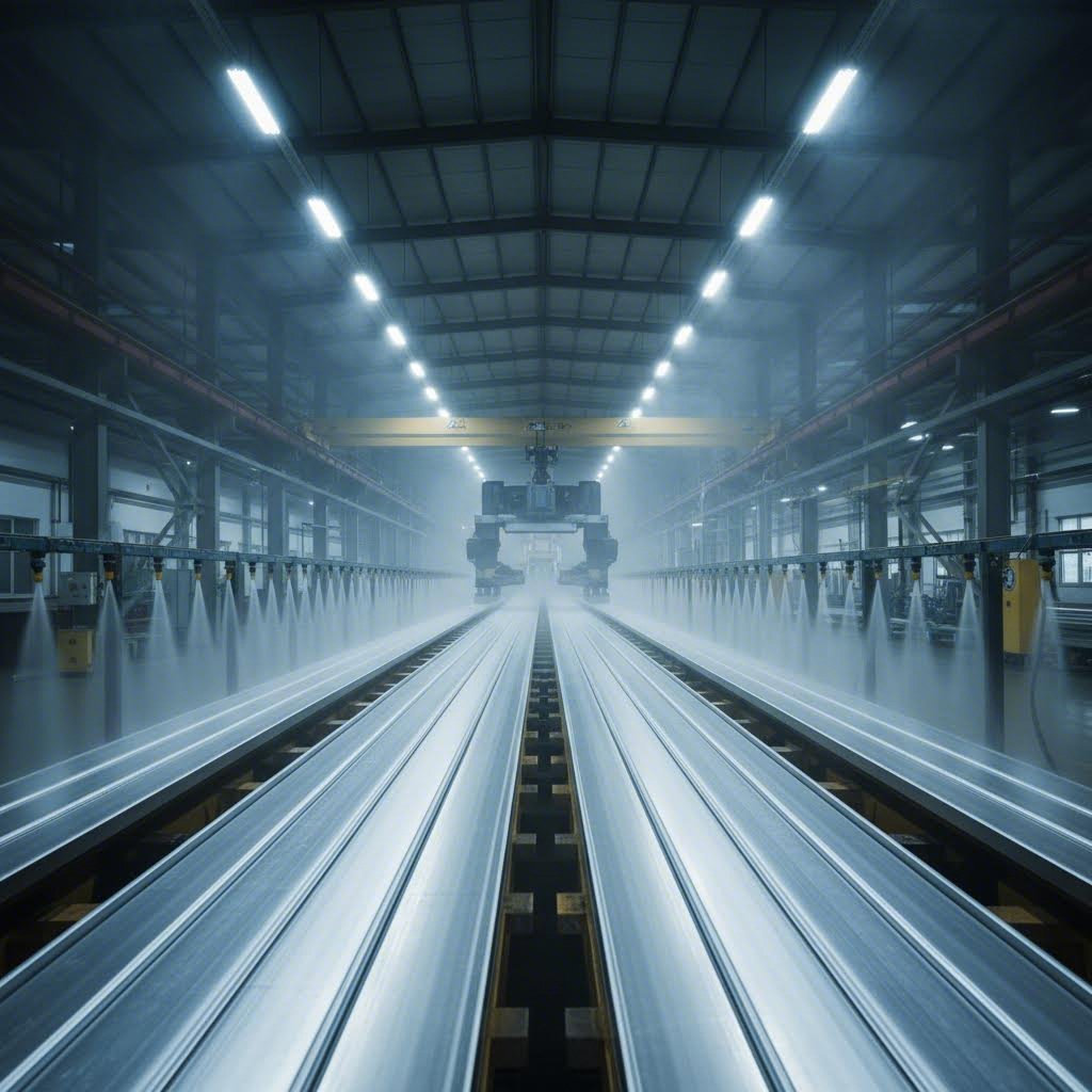 aluminum profiles undergoing controlled cooling and stretching for dimensional accuracy