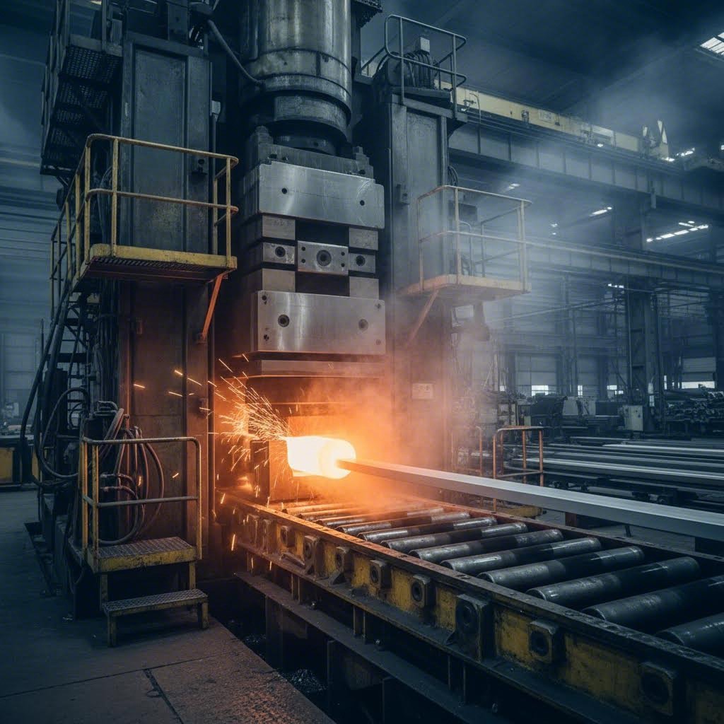 industrial aluminum extrusion press transforming heated billets into precision profiles