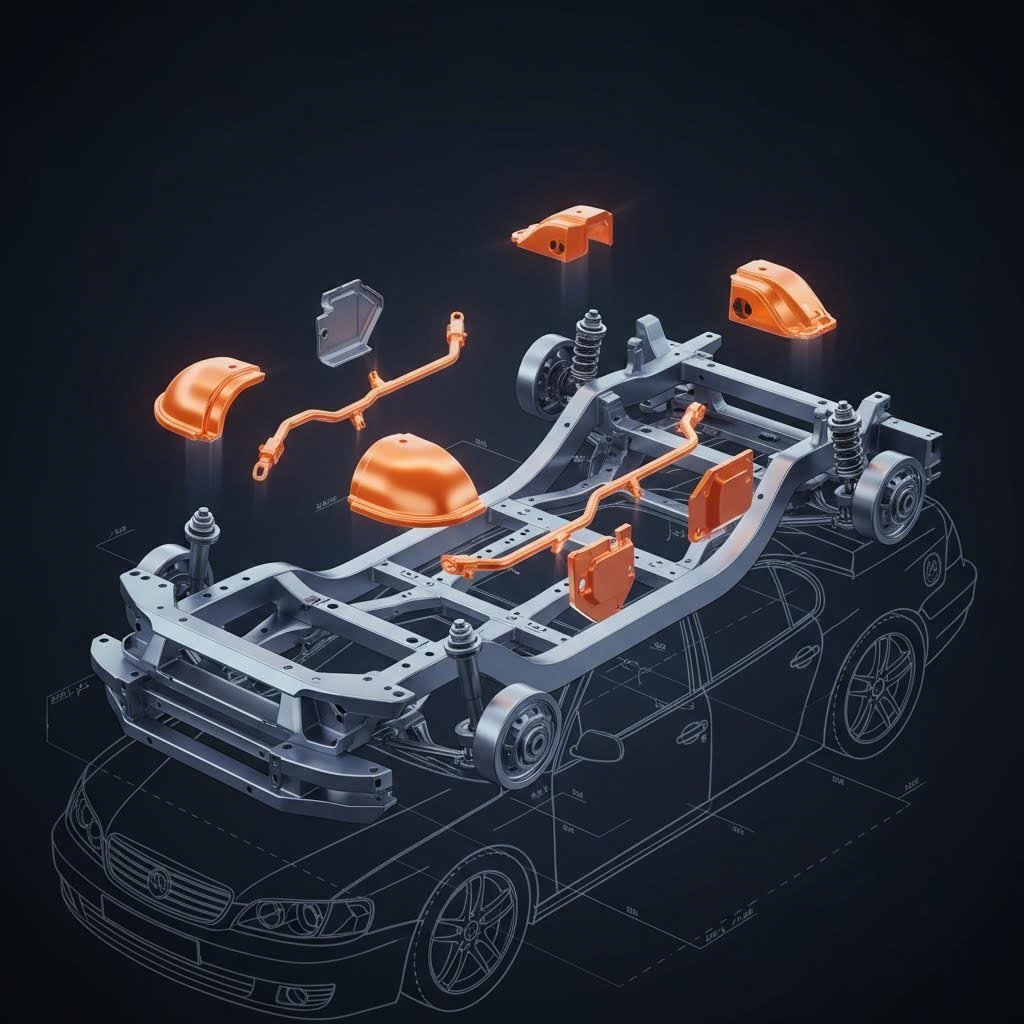 Diagram showing critical deep drawn components in a vehicle chassis