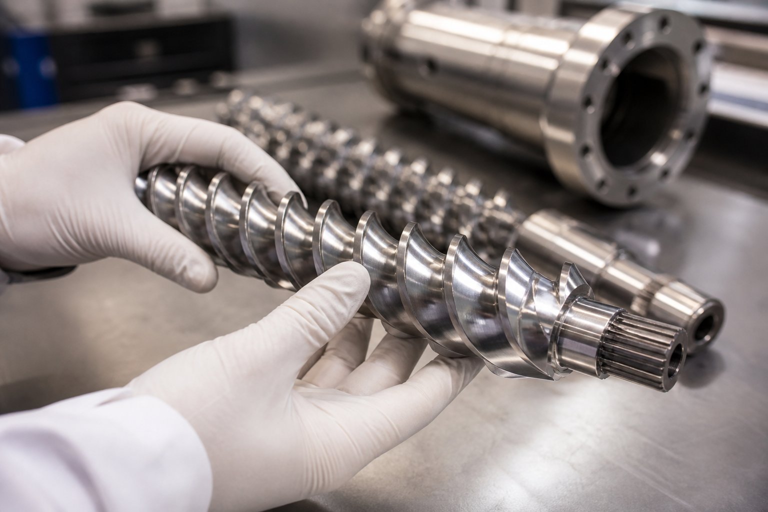 close up inspection of a twin screw element during routine maintenance and changeover