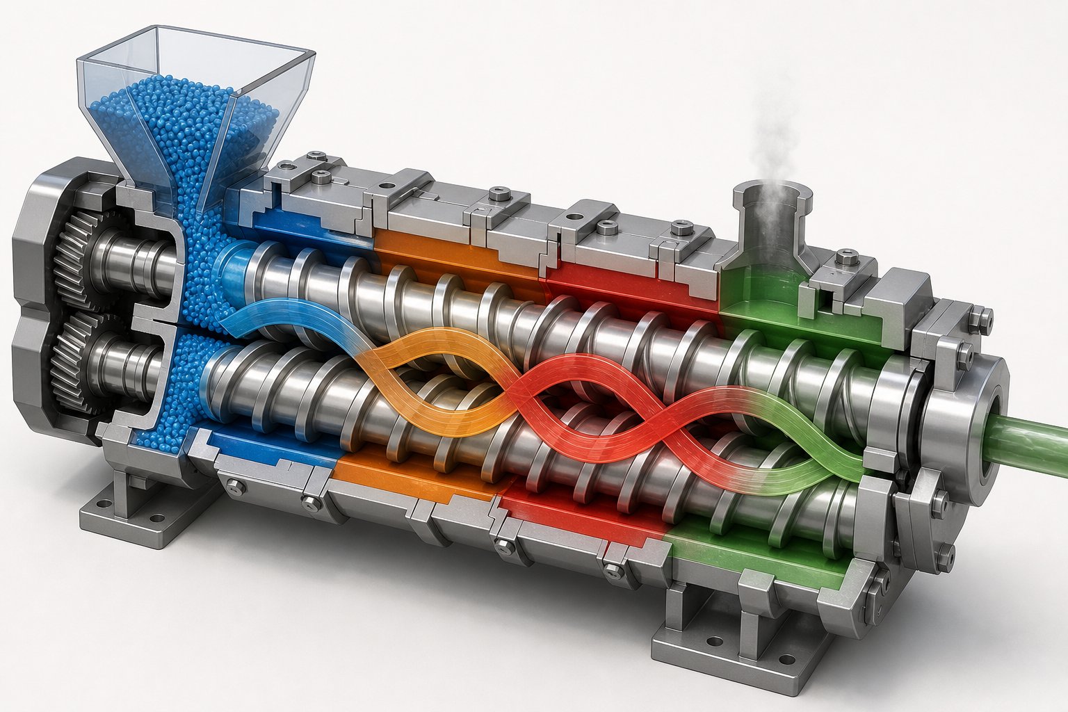 cross section view showing intermeshing co rotating screws and the figure eight material flow path inside the barrel