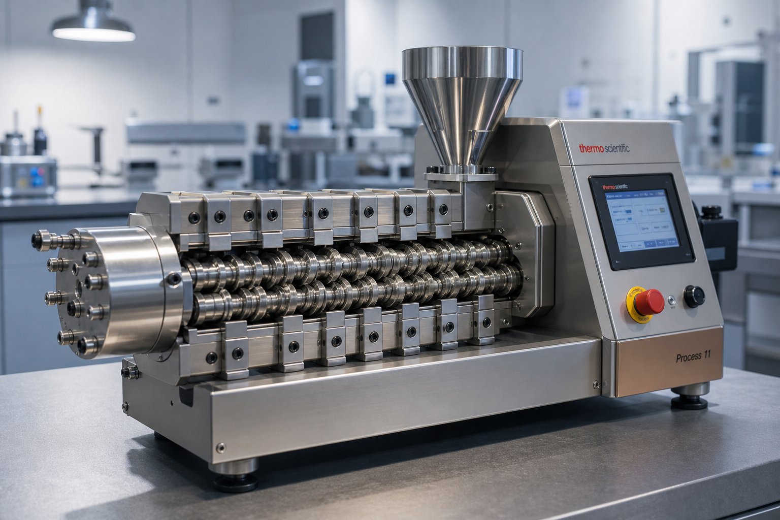 lab co rotating twin screw extruder with modular barrel sections designed for small batch r&d processing