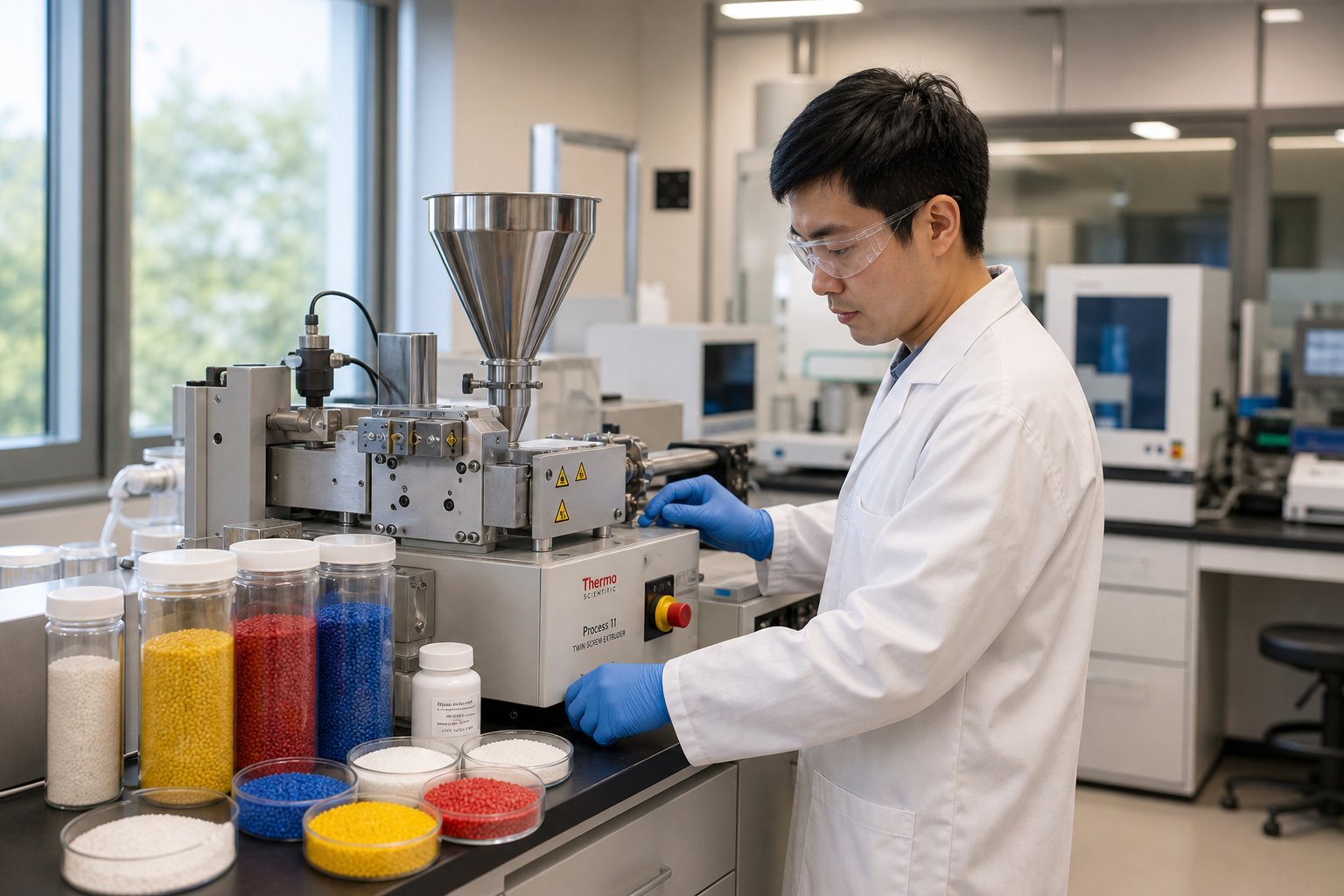 researcher operating a lab twin screw extruder for small batch material compounding and formulation development