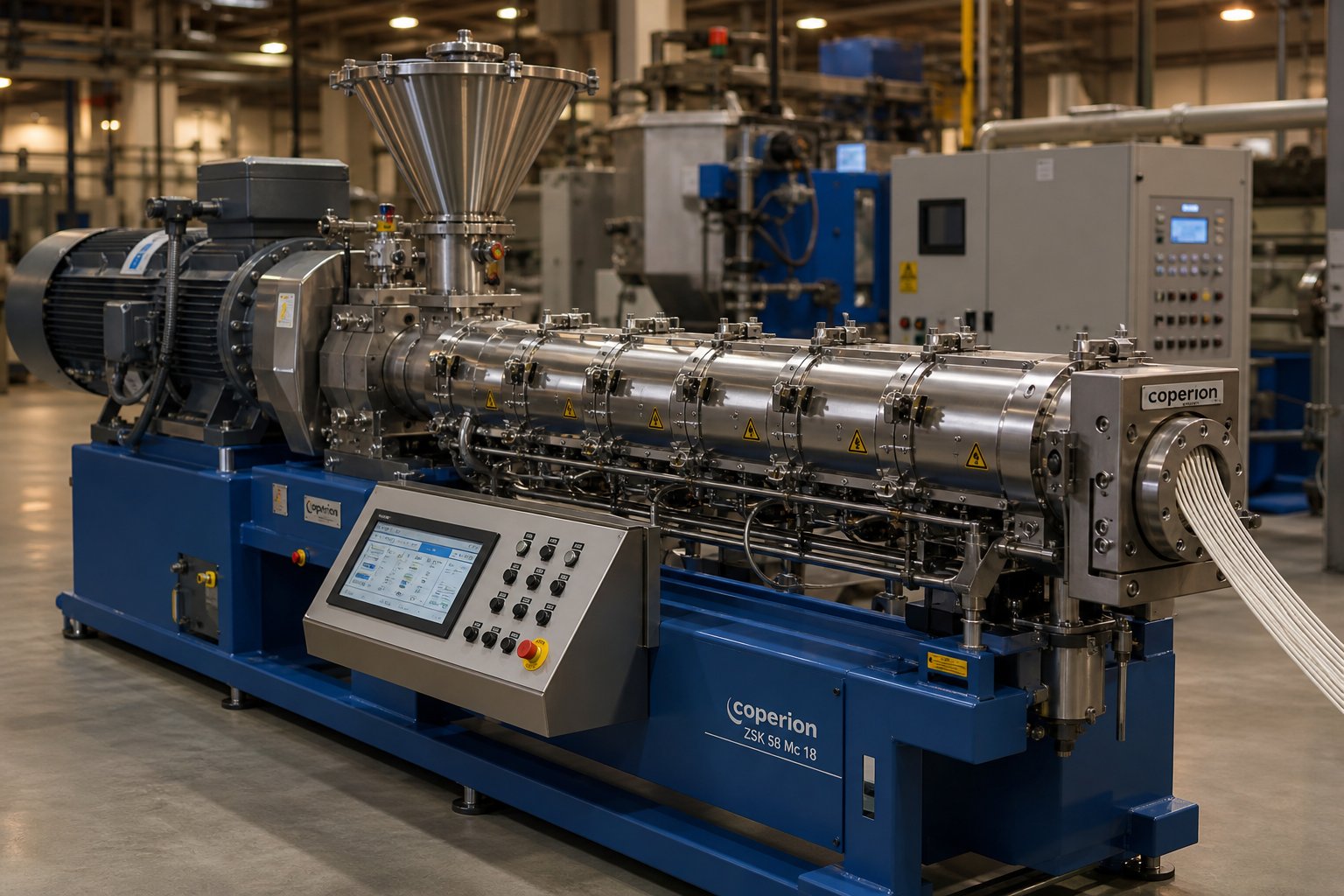 a corotating twin screw extruder on a production compounding line showing modular barrel sections and drive assembly