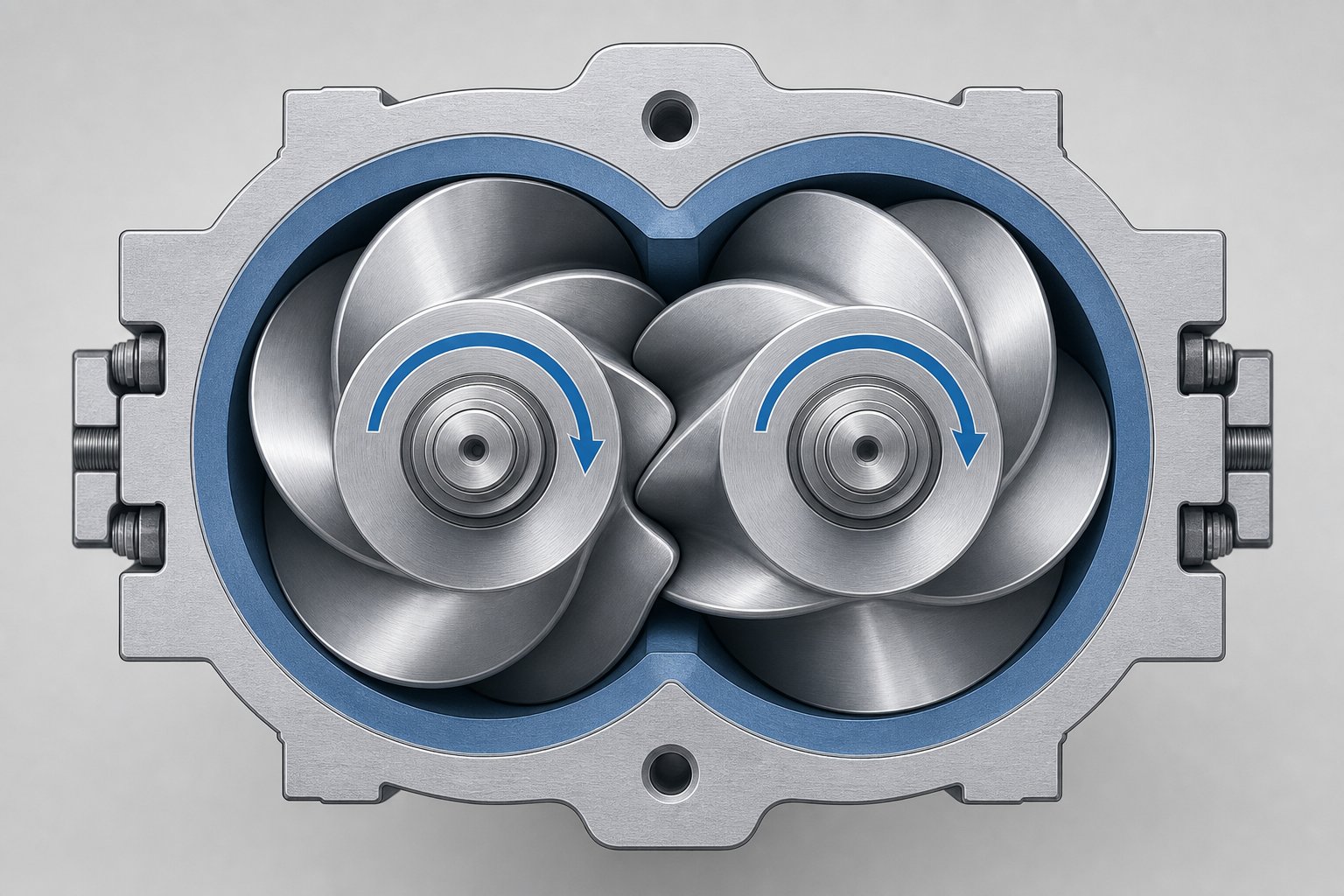 cross section of two intermeshing corotating screws inside the figure eight barrel bore showing self wiping geometry