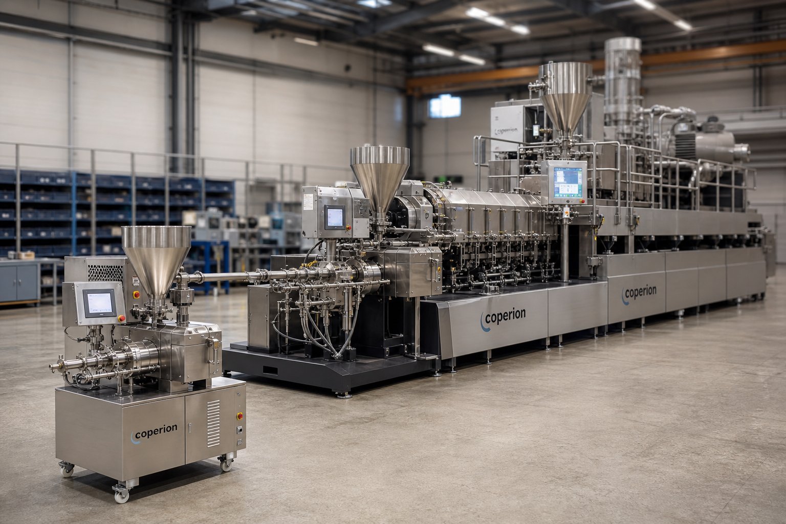 laboratory pilot and production scale corotating twin screw extruders illustrating the scale up progression
