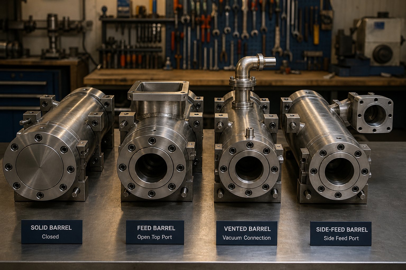 modular twin screw extruder barrel sections including feed vented and side feed configurations