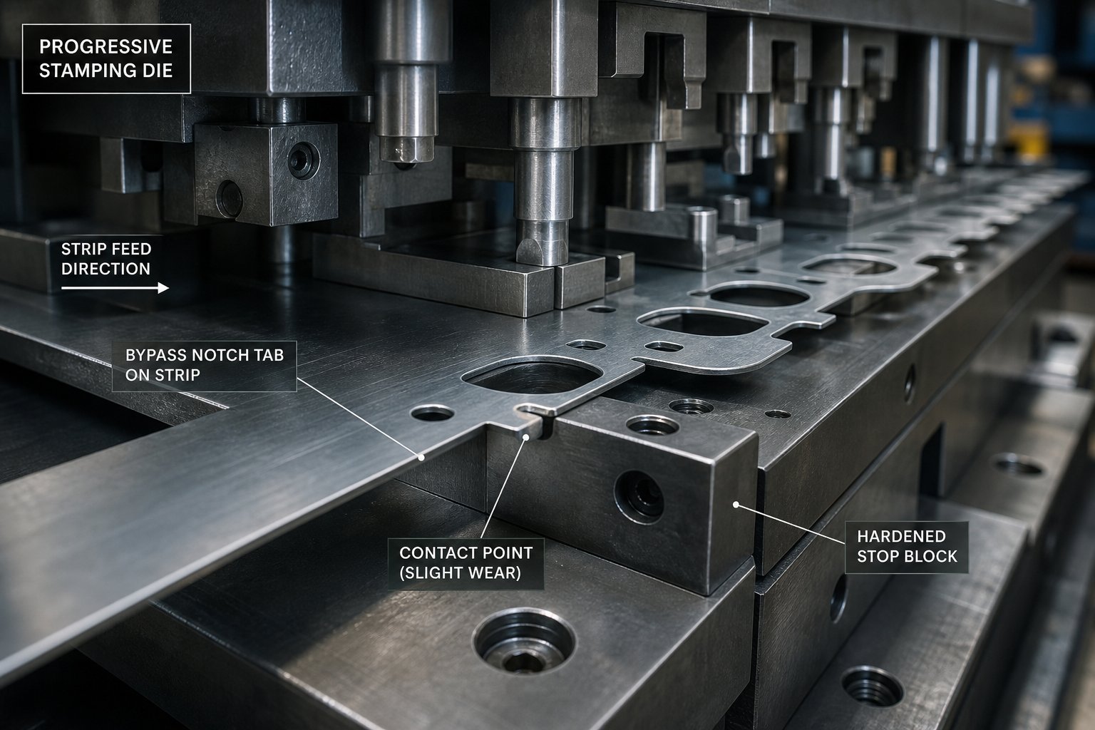 info-1-1 bypass notch tab engaging a hardened stop block in a progressive stamping die to control strip feed distance