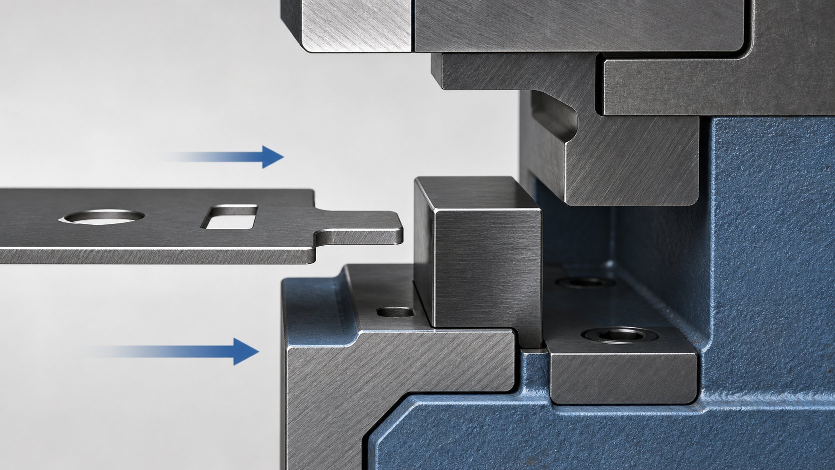 info-1-1 positive bypass notch tab protruding from the strip edge before contacting the die mounted stop block