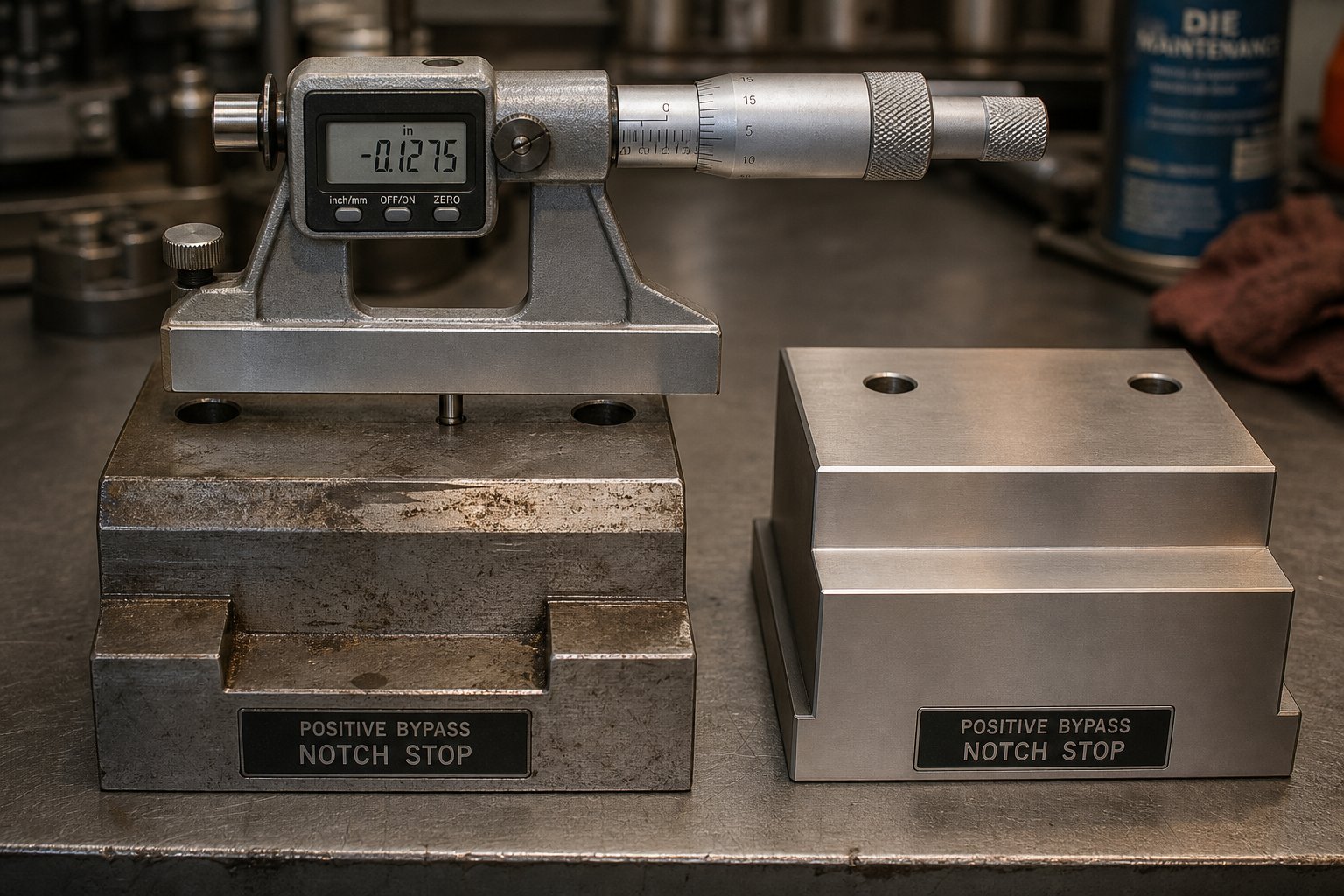 info-1-1 worn stop block face showing depression from repeated tab impact compared to a new replacement block