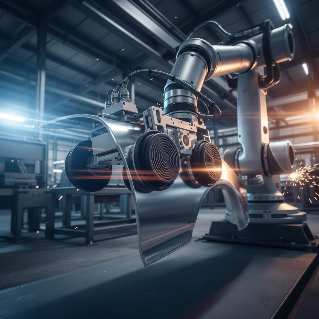 robotic transfer mechanism moving automotive body panel between tandem press stations