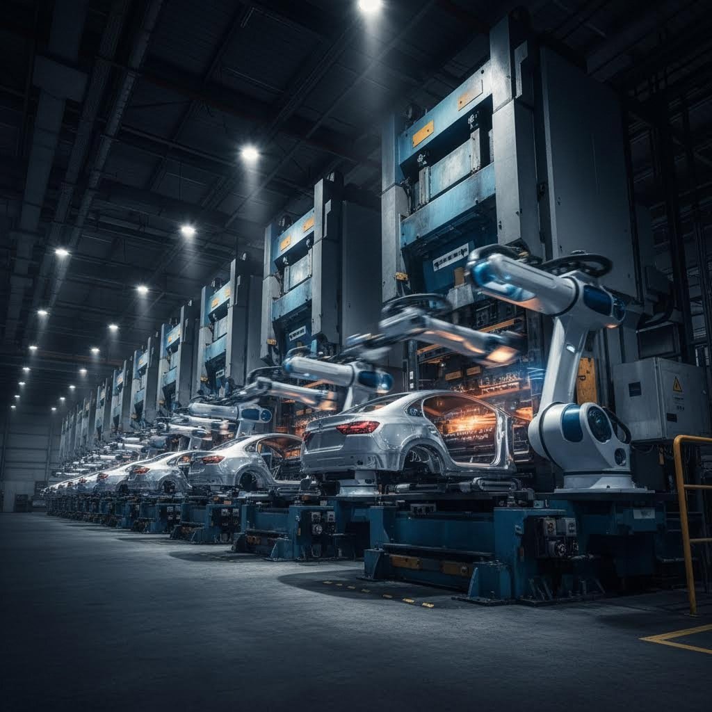 tandem die line layout featuring sequential press stations with automated part transfer systems