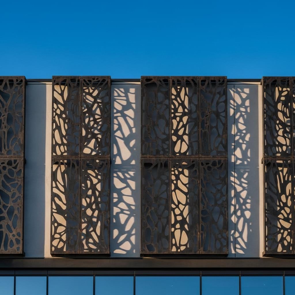 decorative laser cut metal panels creating dynamic shadow patterns on architectural facade