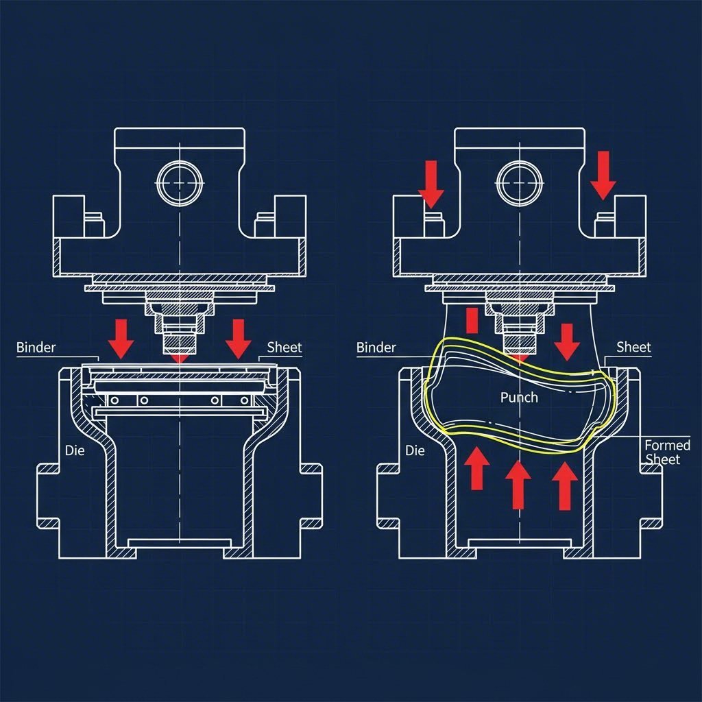 Cross section diagram of deep draw die mechanics showing binder pressure and punch action