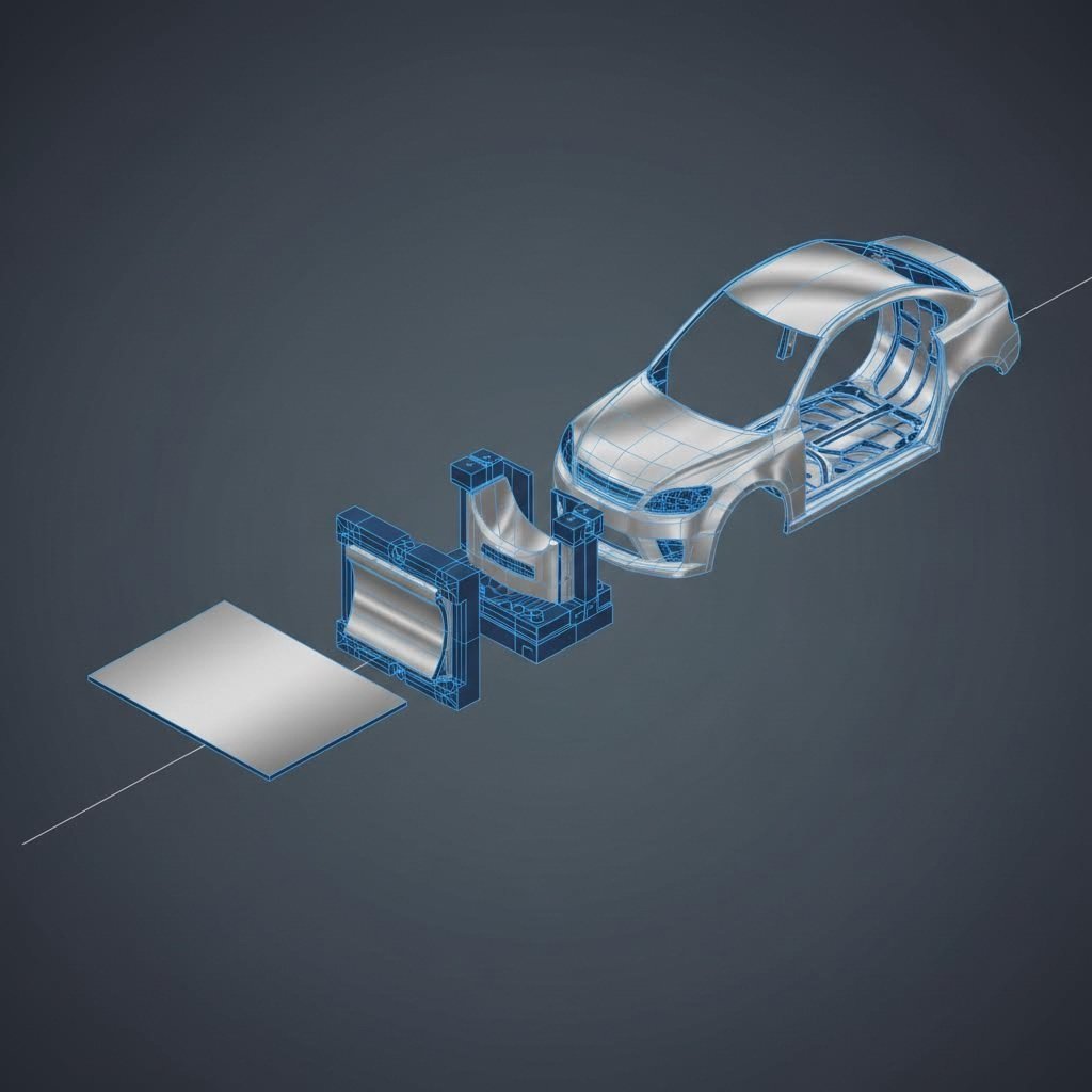 Isometric diagram of the automotive quarter panel stamping progression from blank to finished Class A surface