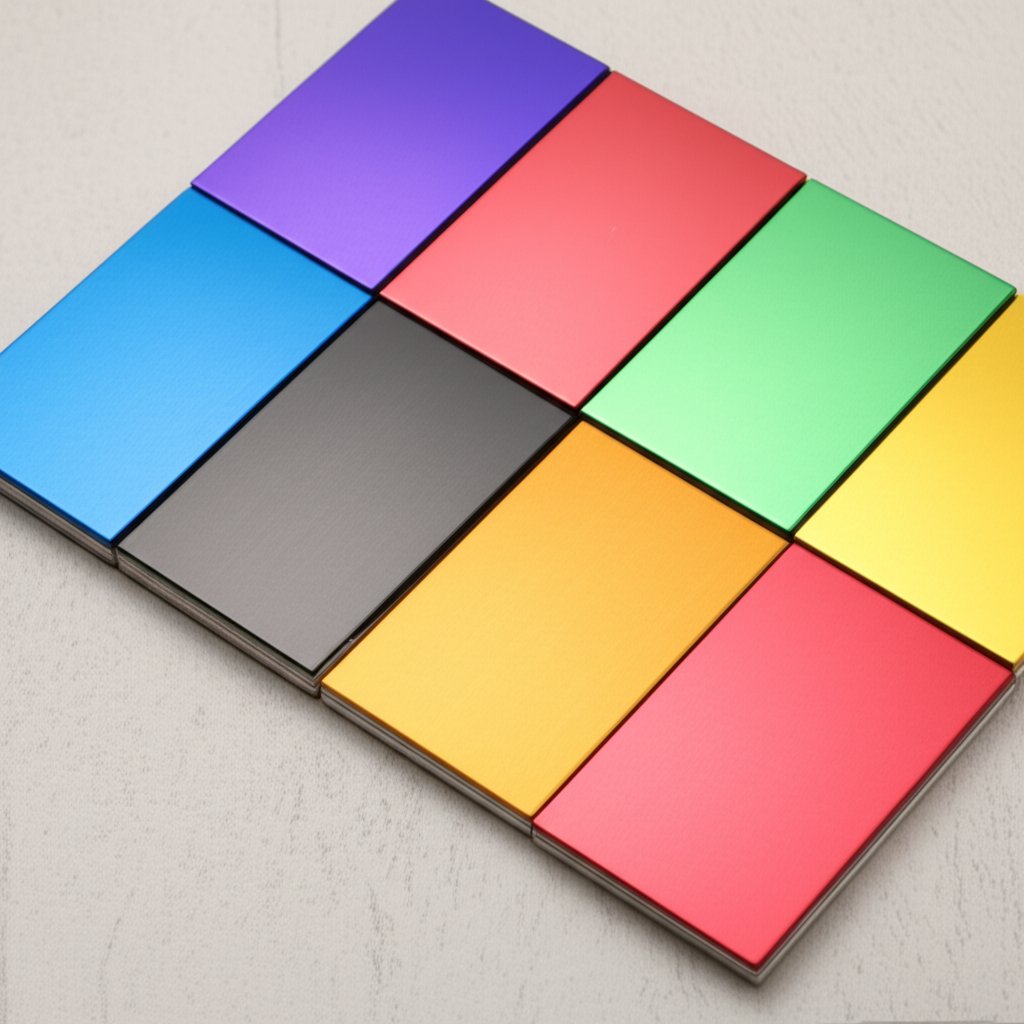 anodized aluminum samples showing a range of colors and finishes
