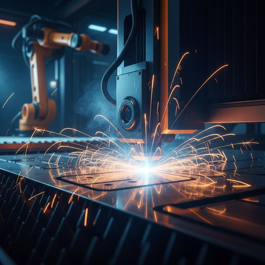 industrial laser cutting machine precisely processing metal sheets in a modern fabrication facility