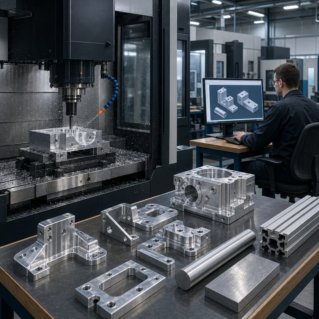 aluminium cnc machining workflow with raw stock finished parts and digital planning