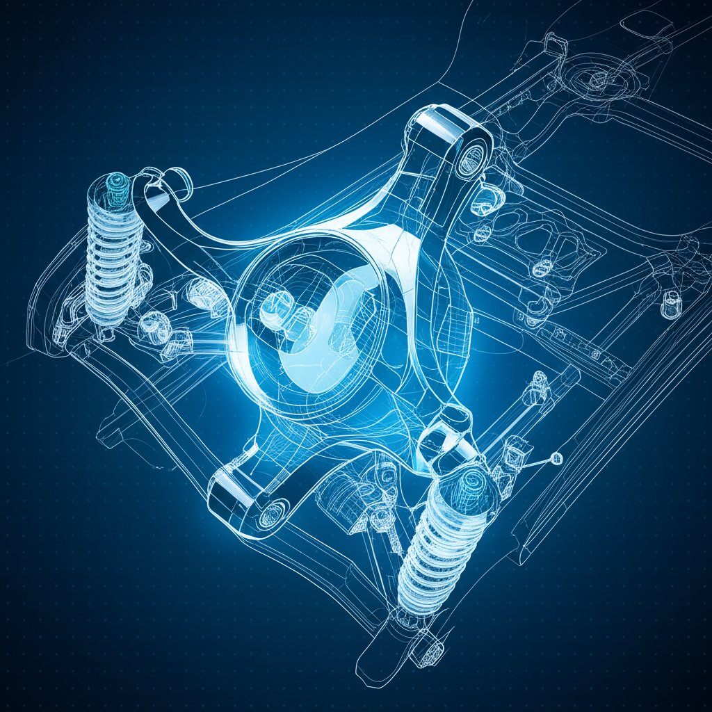 a 3d wireframe visualization of a die cast steering knuckle