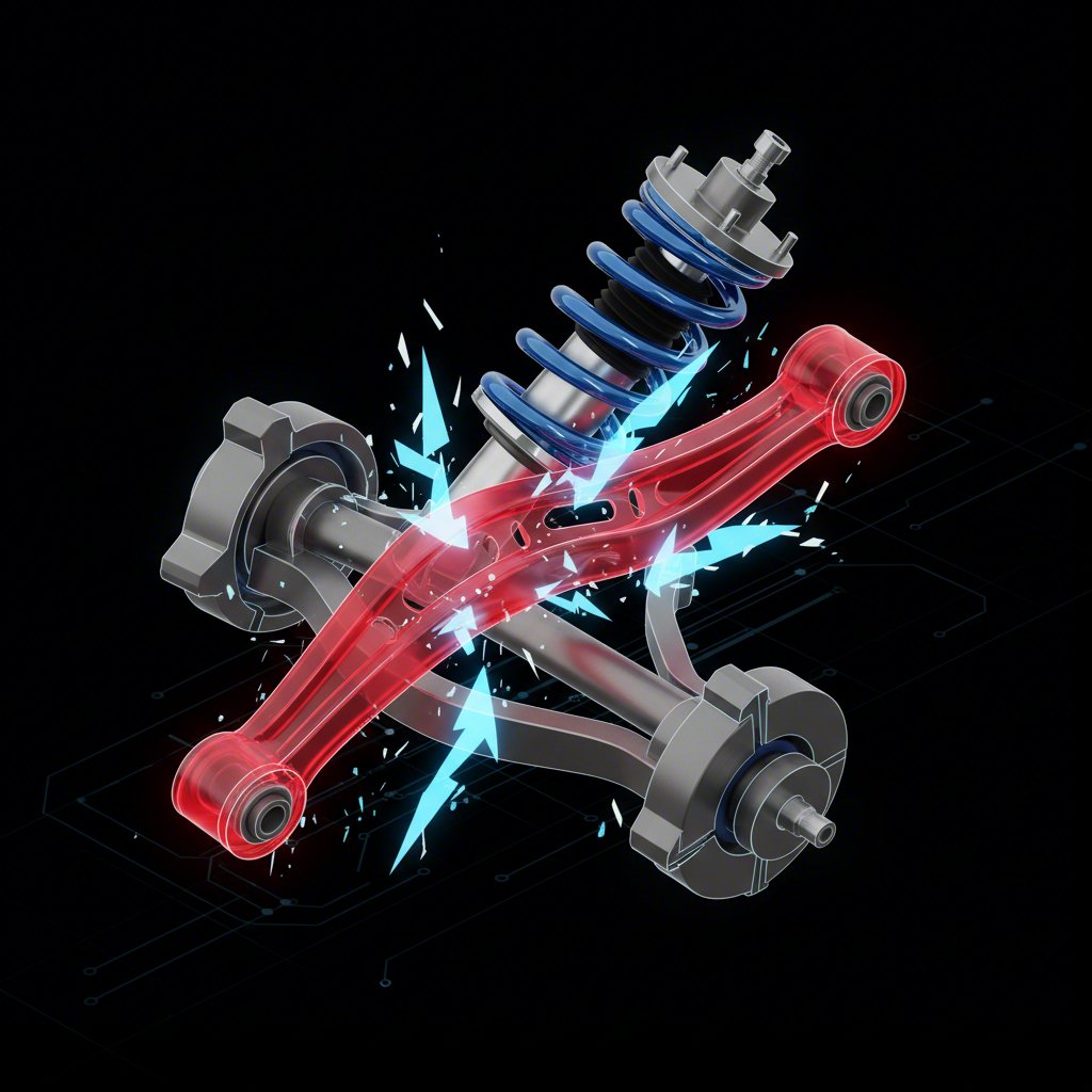 stylized view of stamped steel control arm flex under load