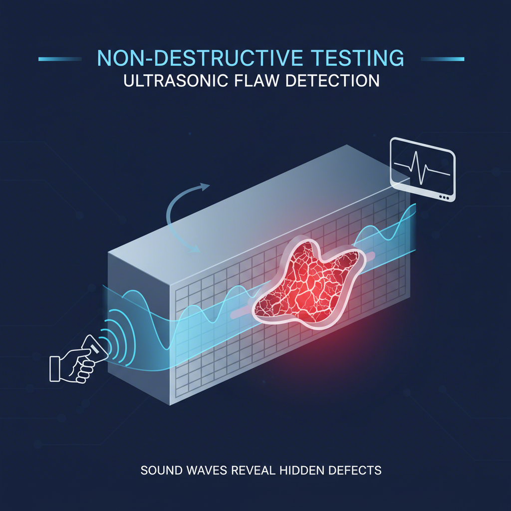an abstract visual of ultrasonic waves revealing a hidden internal flaw in metal