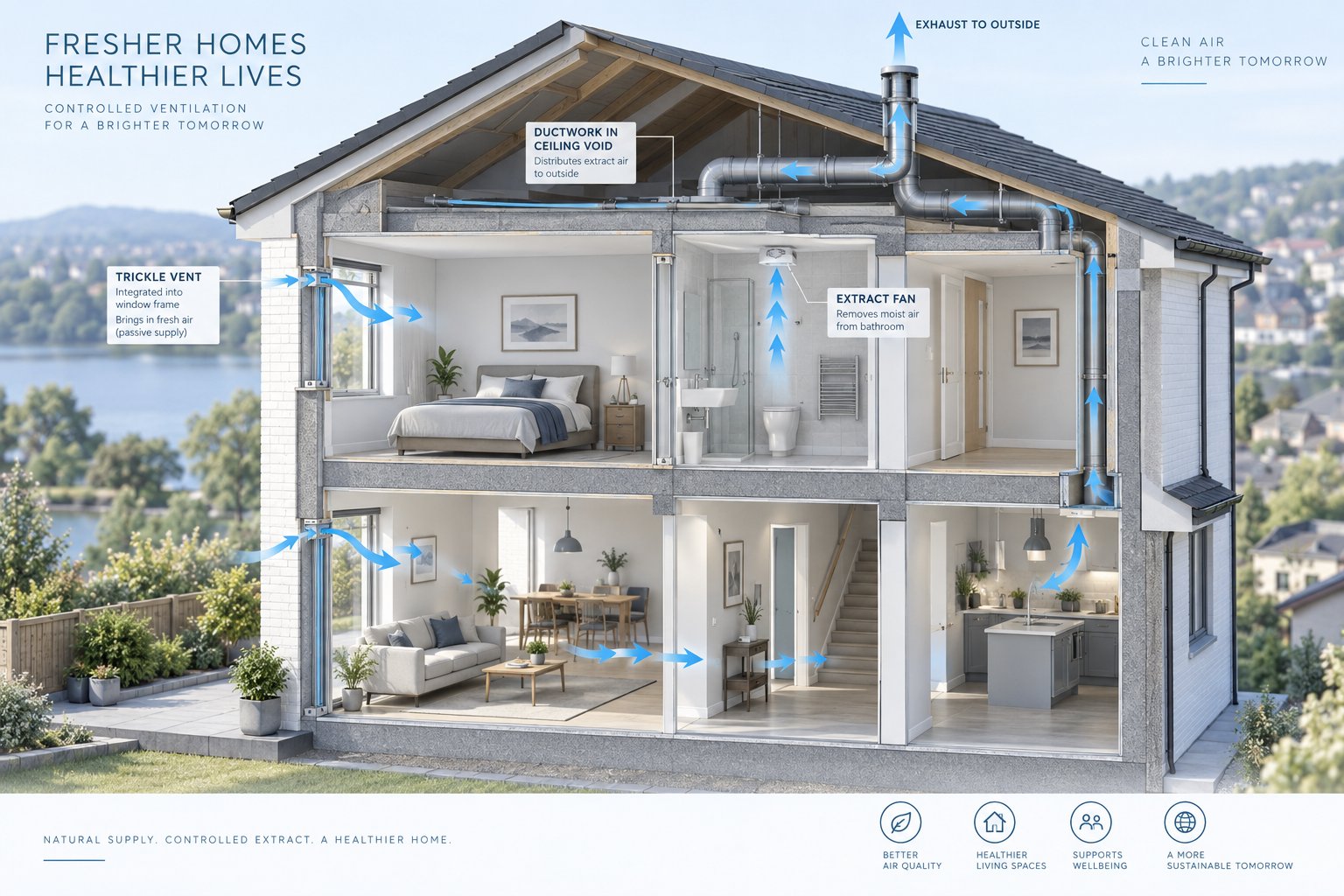 cross section of a uk dwelling showing compliant ventilation pathways including trickle vents extract fans and mechanical ductwork under part f