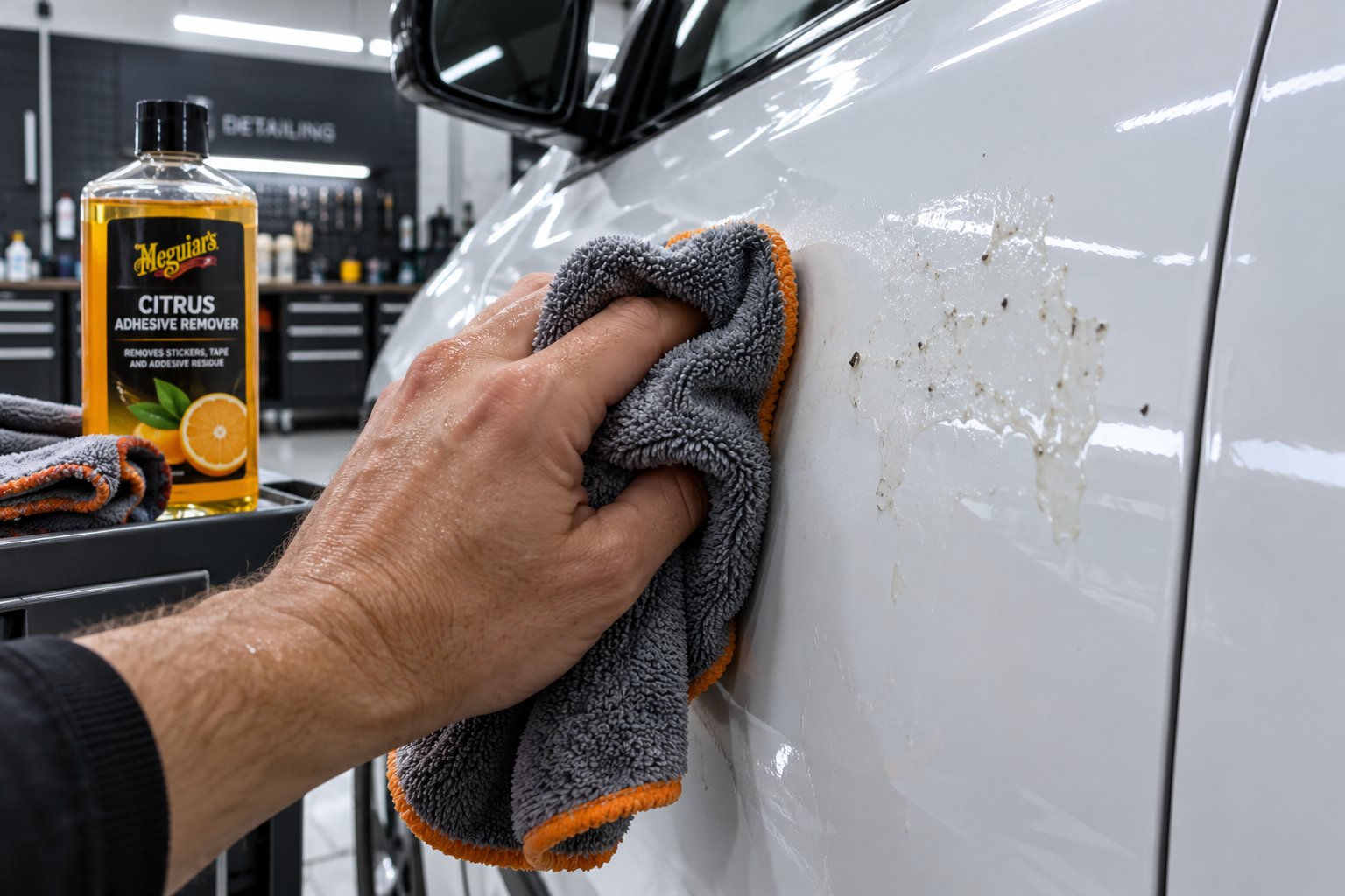 applying adhesive remover to a microfiber cloth before treating residue on car paint