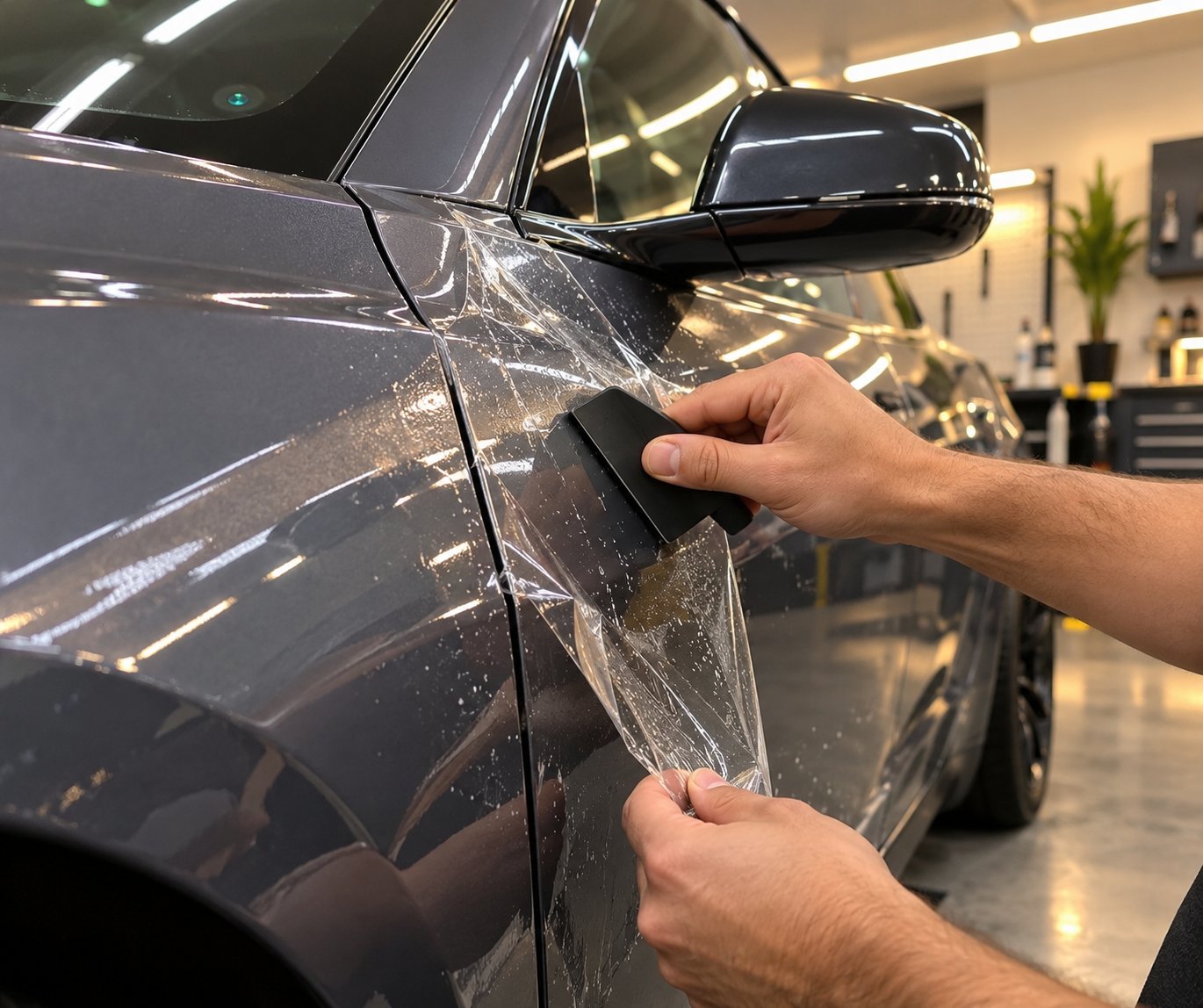applying transparent paint protection film to a door corner to prevent future adhesive damage