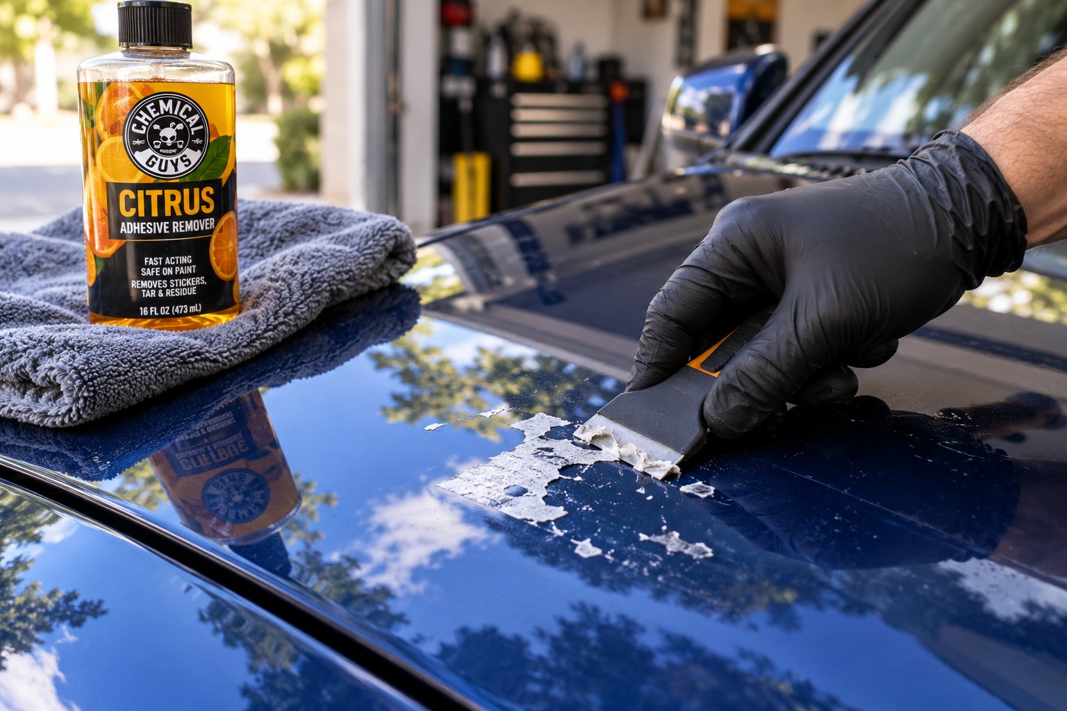 safely removing adhesive residue from car paint using a plastic scraper and citrus based remover