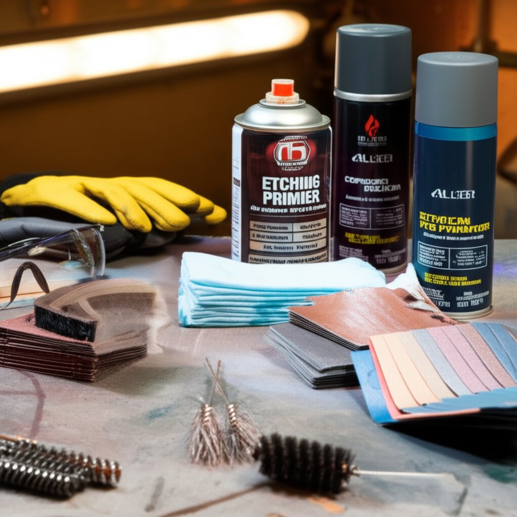 all tools and materials organized for prepping and painting aluminum