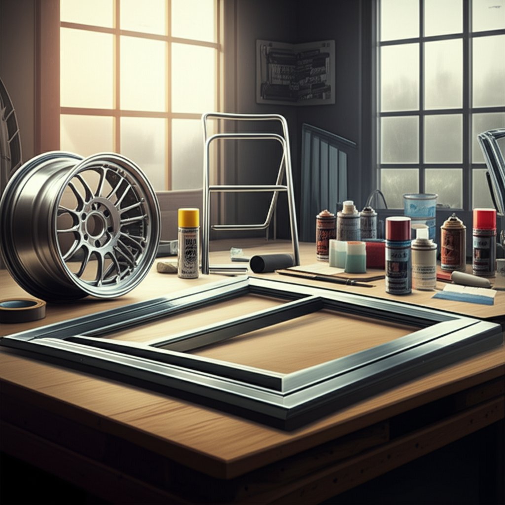 essential tools and aluminum items prepped for painting in a professional workspace