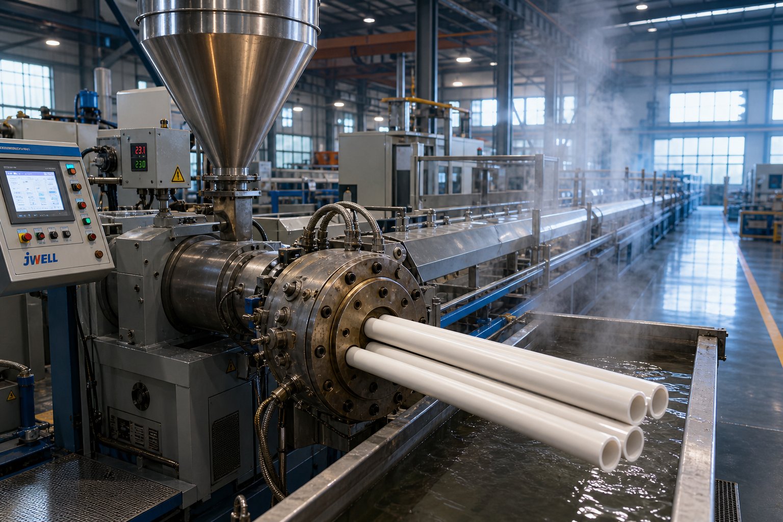 a modern pvc pipe extrusion line from twin screw extruder through calibration and cooling to finished pipe output