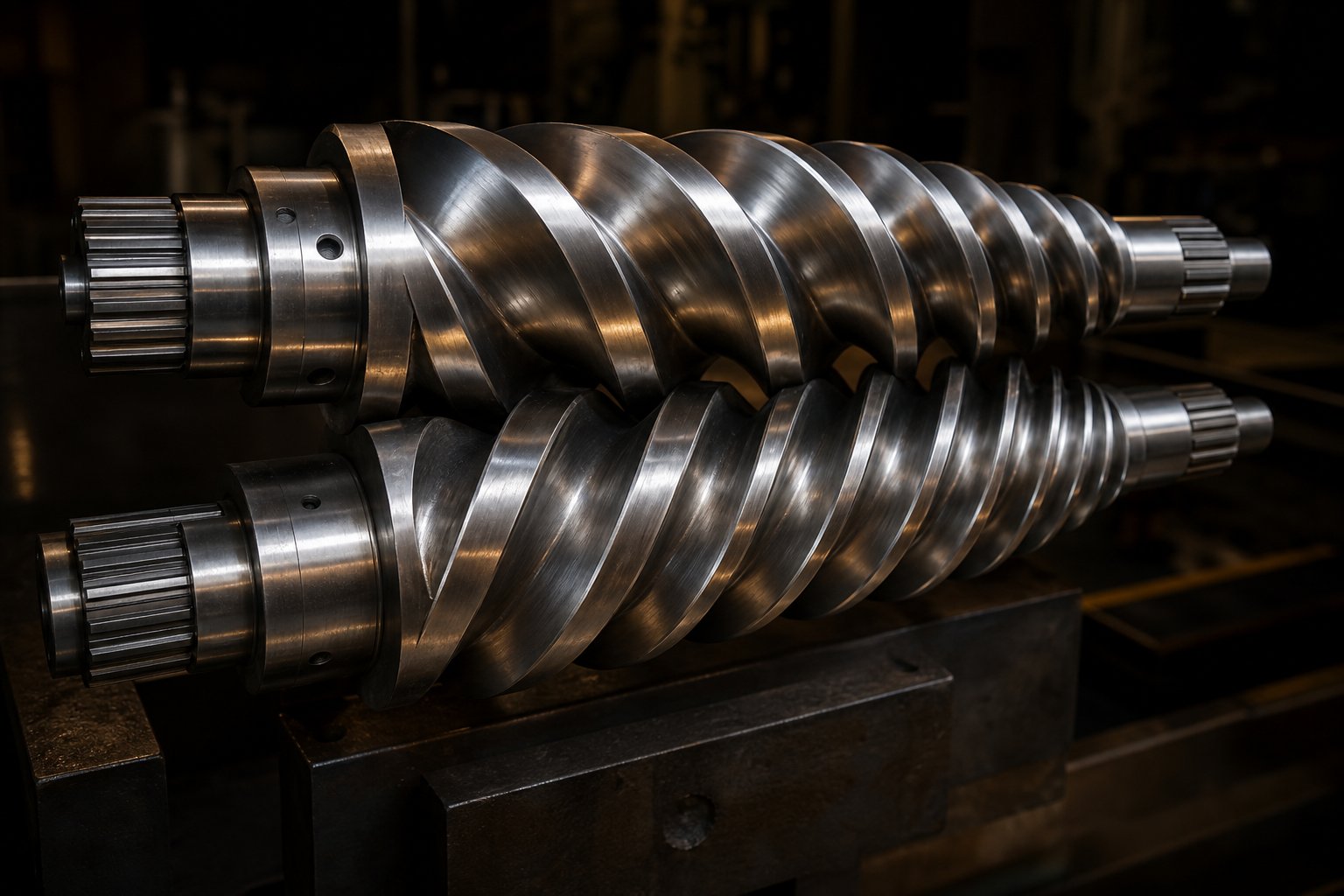 conical counter rotating twin screws showing the tapered geometry that enables efficient pvc powder feeding and controlled fusion