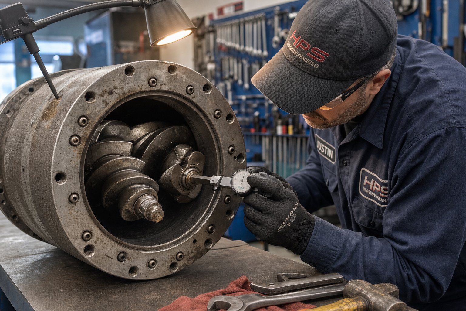 technician measuring screw flight clearance during scheduled maintenance to ensure consistent pvc extrusion performance