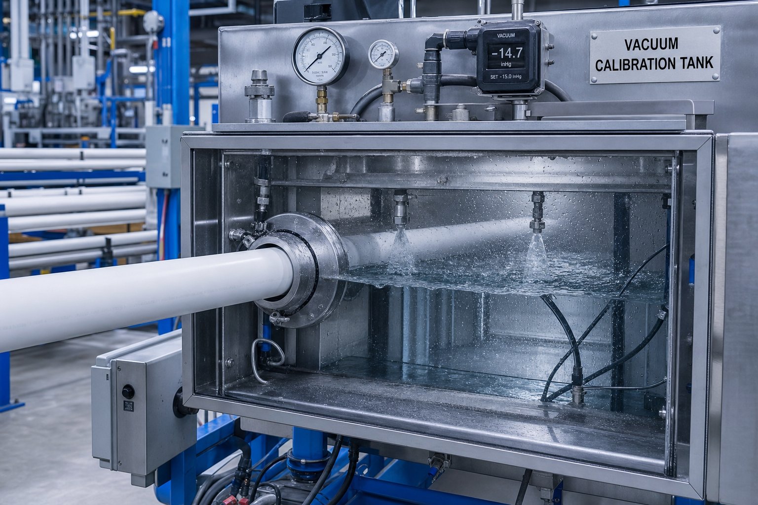 vacuum calibration tank sizing a freshly extruded pvc pipe as cooling water sets its final dimensions
