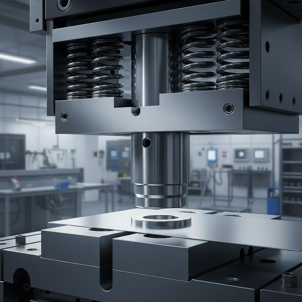 cross section view of a stripper plate mechanism showing how it holds sheet metal during the stamping cycle