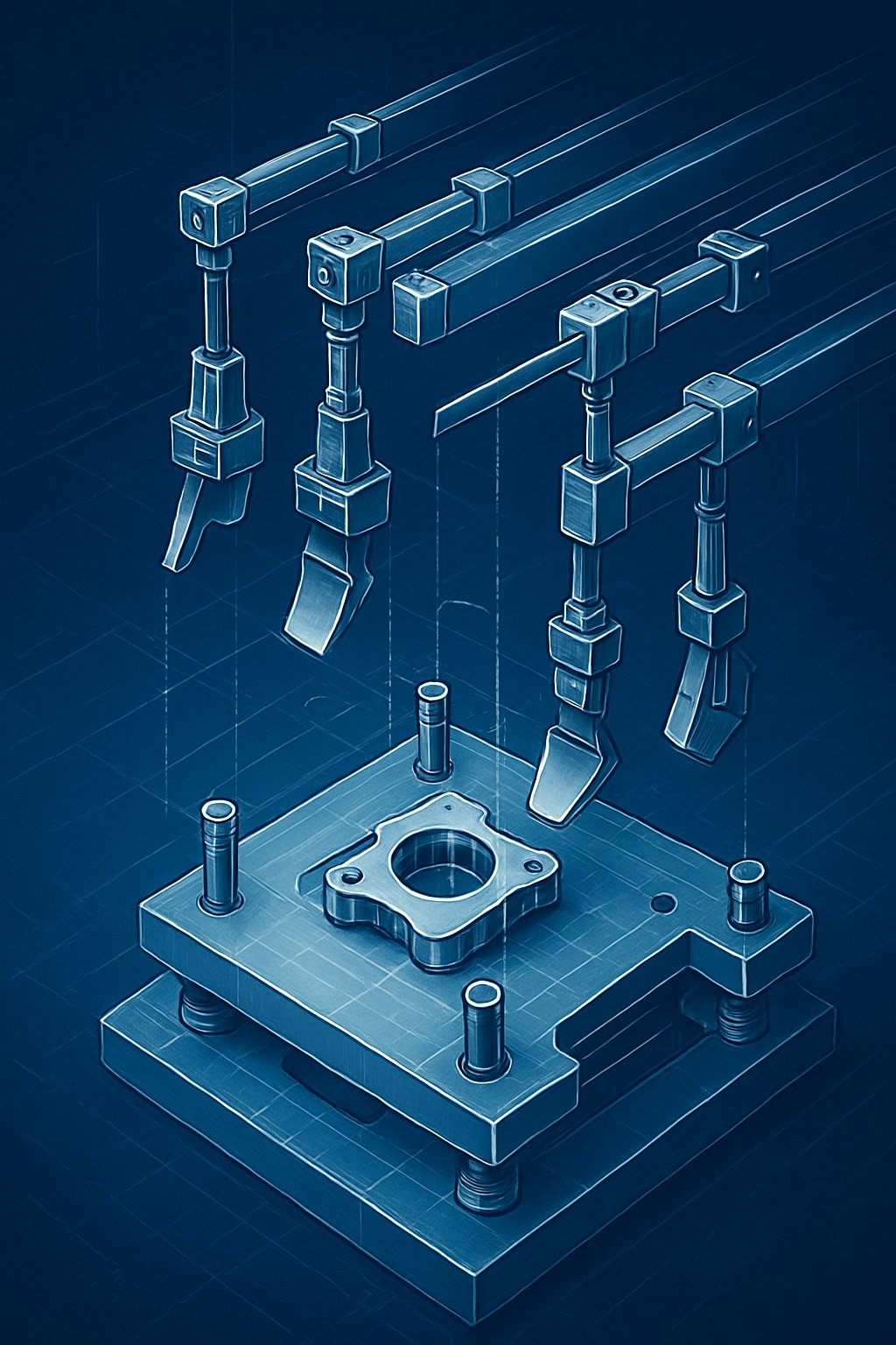 Isometric engineering diagram of transfer die finger tooling components