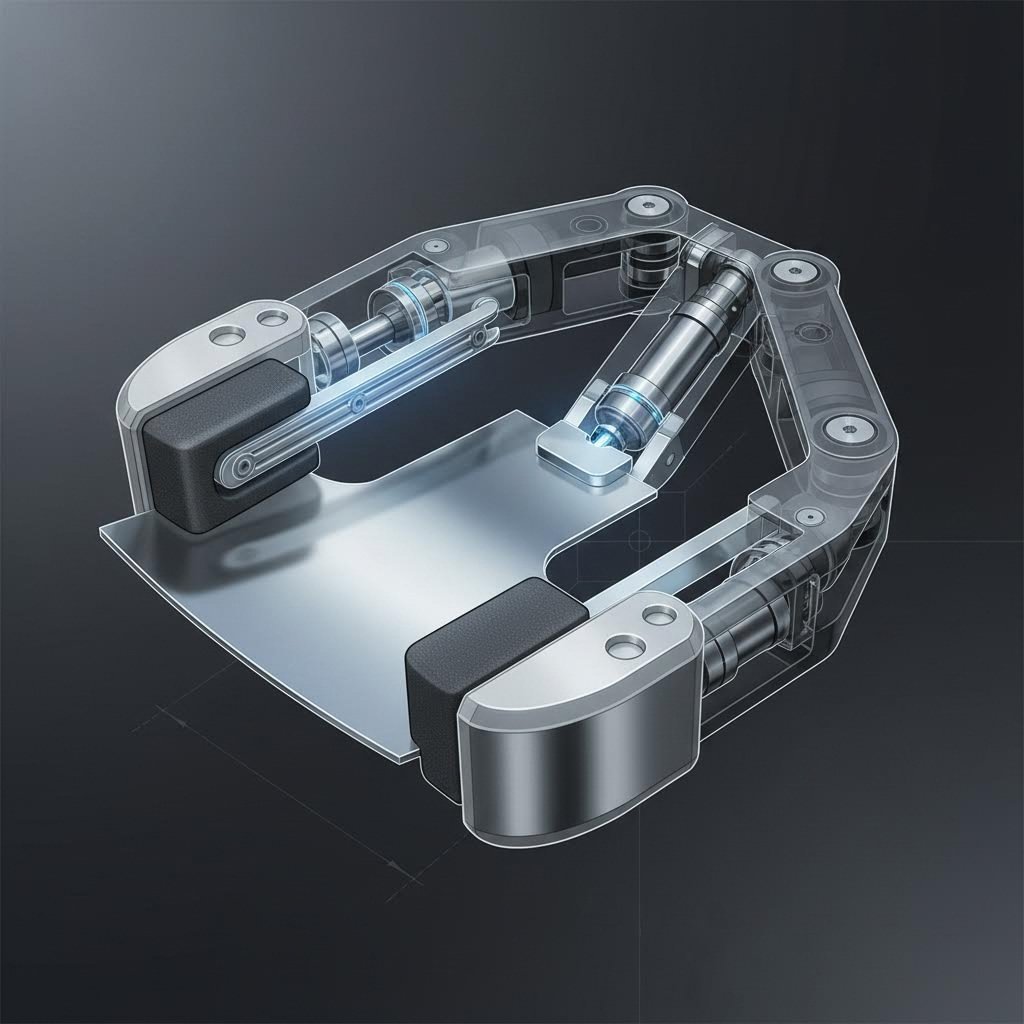 Technical illustration of a pneumatic gripper mechanism for transfer dies