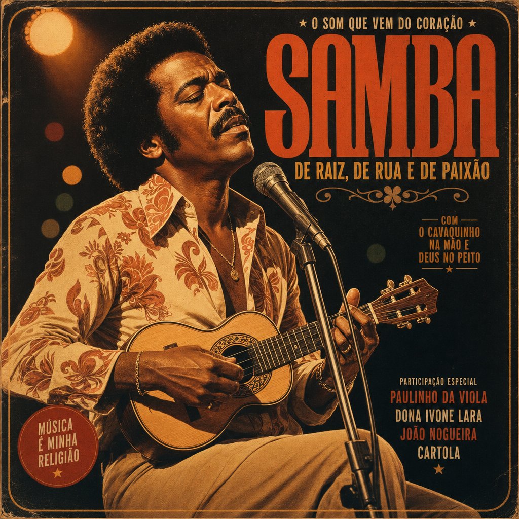 a samba artist performing with a cavaquinho representing the generations of musicians who shaped the genre
