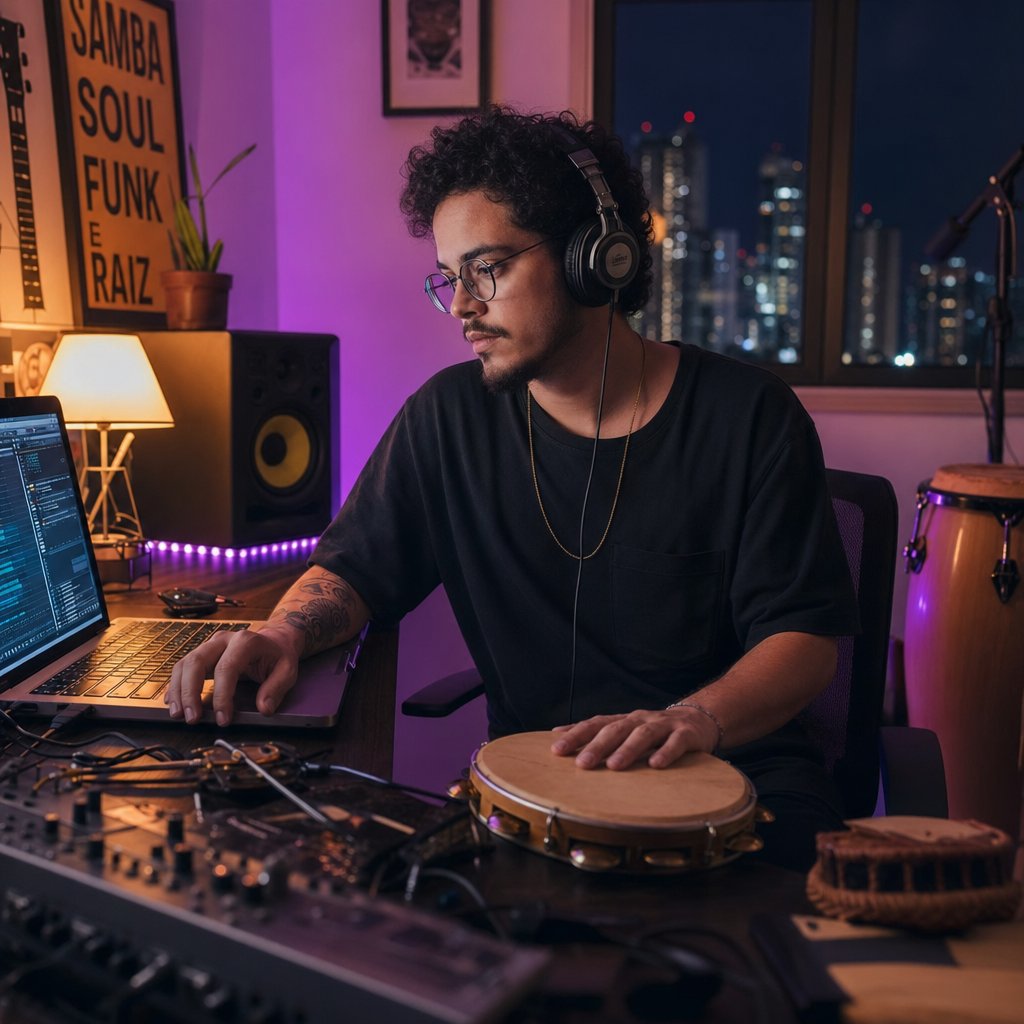 a young musician blending traditional samba instruments with modern digital production tools in a home studio