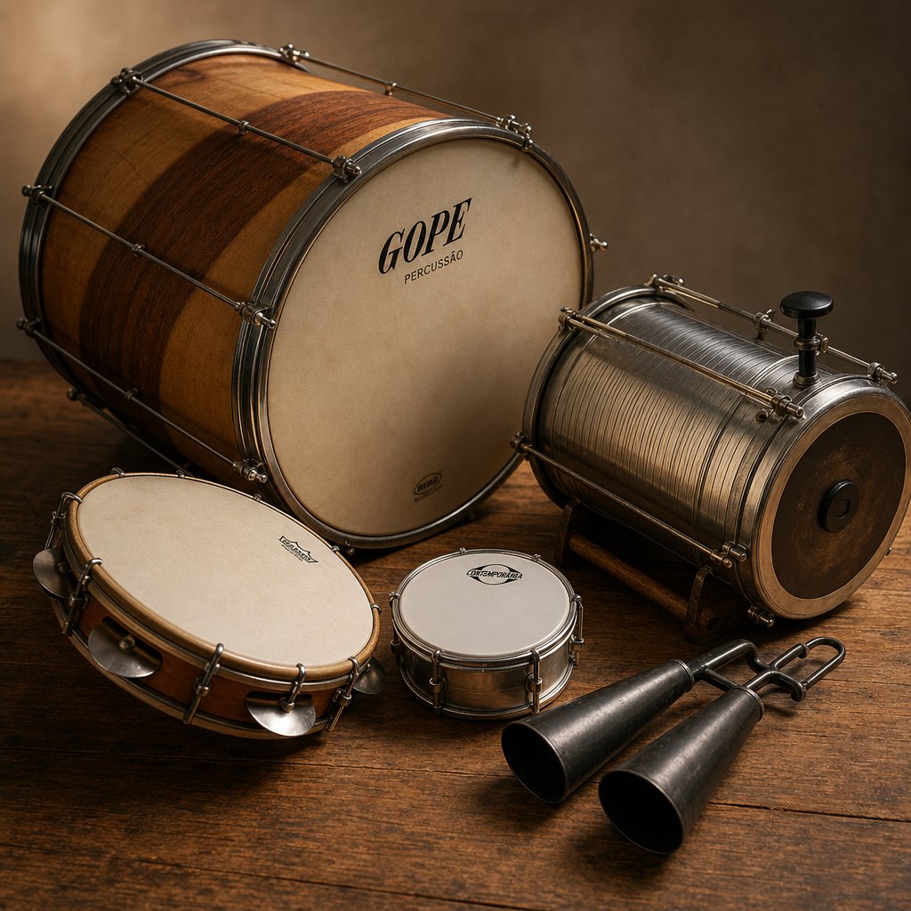 traditional samba bateria instruments including surdo tamborim pandeiro agogo and cuica