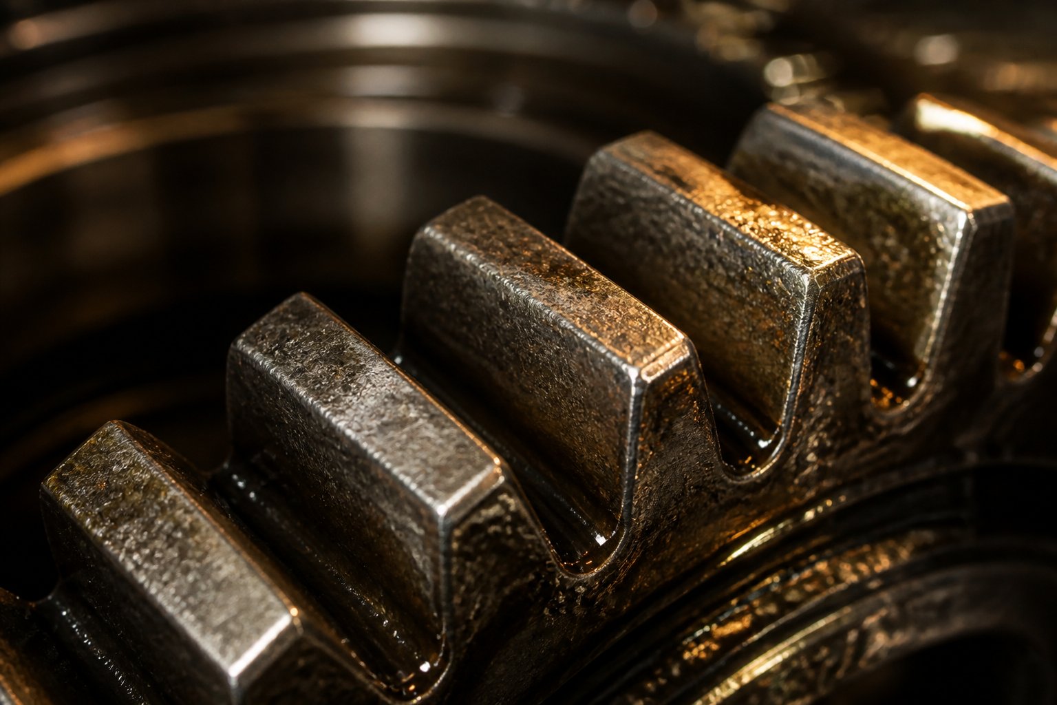 close up of gear tooth surface showing wear patterns that indicate gearbox quality and lubrication system effectiveness